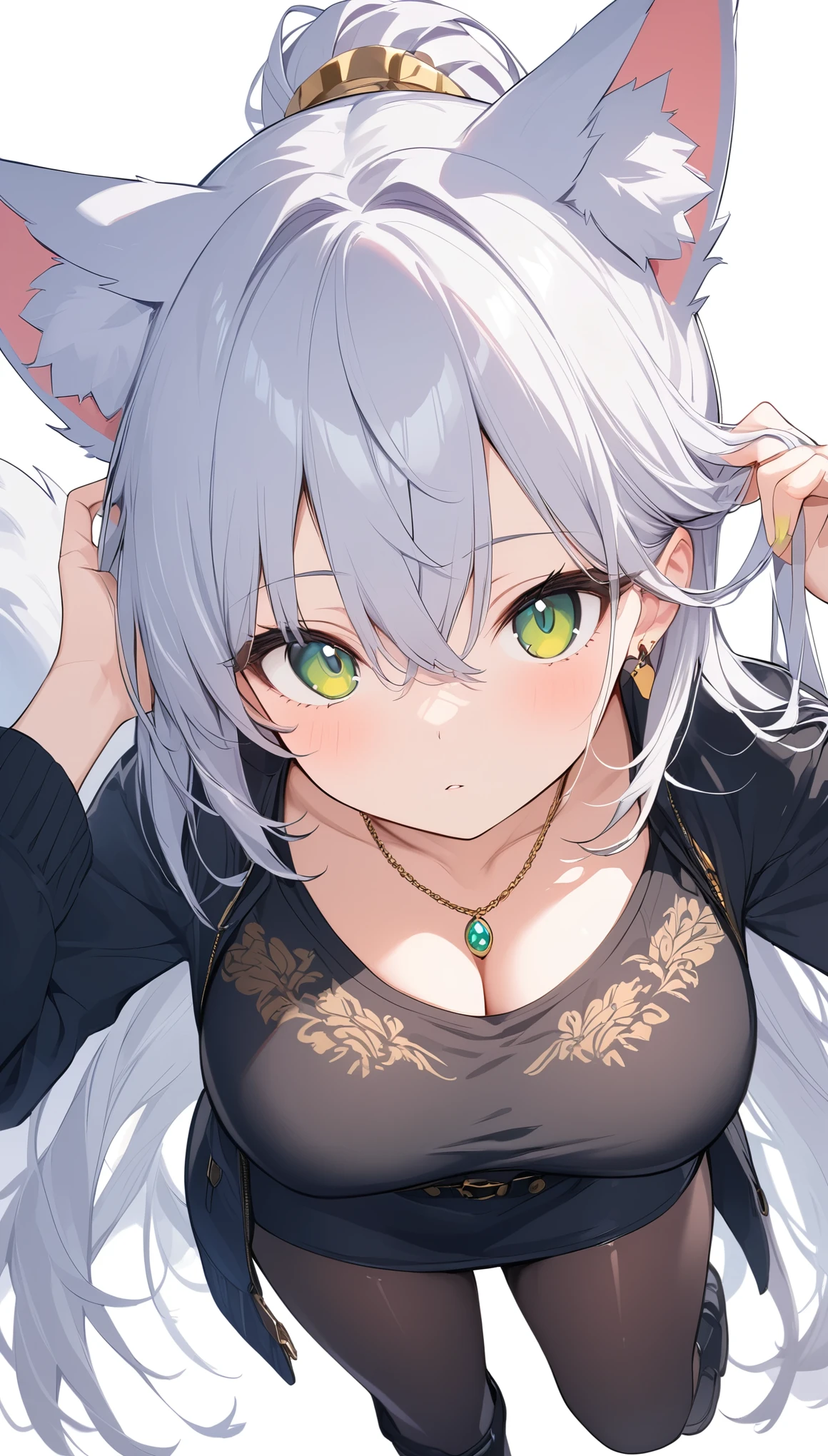 One girl、expressionless、Face focus、Both sides up, View from above, （hand in own hair）、Woman in her 20s、（Sharp Green eyes that seem to look directly into your soul.）、(silver hair)、(very long hair)、bangs between eyes、ponytail、Wolf ears and tail，Earrings、necklace,A shiny black jacket with large gold buttons, Black tights, Black boots、Big Breasts、Cyberpunk woman detailed silhouette, masterpiece、Best Quality、High resolution、、Very detailed、Clear white skin、Simple white background,Great graphics、