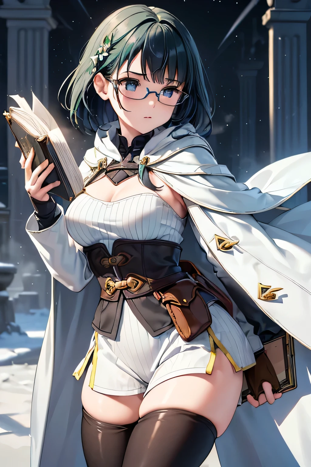 masterpiece, ultra detailed, 8k portrait, RAW photo, portrait photography, highly detailed face, beautiful and meticulous eyes, ((Fantasy)), a Young beautiful, , child, dynamic pose, (((short deep green bobbed hair))), blunt bangs, White skin color, glasses, Luxury, (((white long tunic with a single vertical blue line))), (((black shorts))), (((white cape with coat of arms))), (((little waist hip pouch))), (((dark thigh high tights))), high cut leather boots, ((holding magic book)), Midday Sun, hyper realistic, voluptuous body, busty chest, Long legs, in the medieval magic classroom, Ambient lighting, Shadow details , facing front, Camera focus on face, strong breeze, Light fog