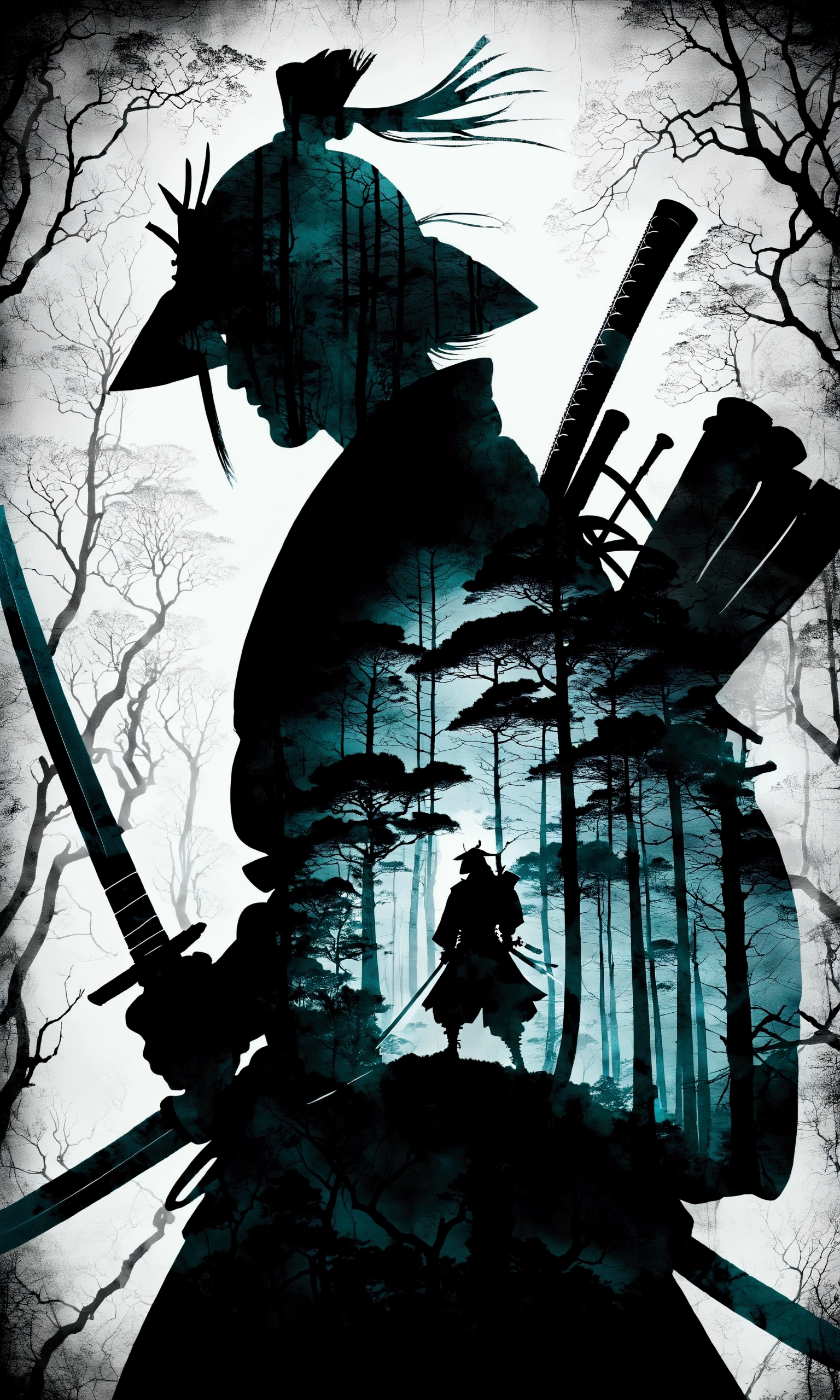 Silhouette art,(double exposure:1.6),(Silhouette of a samurai with a sword: Mysterious forest),Japanese style,meticulous realistic details view detailed clear art abstraction details complex anatomy correct,Textured,Artistic masterpiece,illustration in art style,A lifelike masterpiece (best quality)