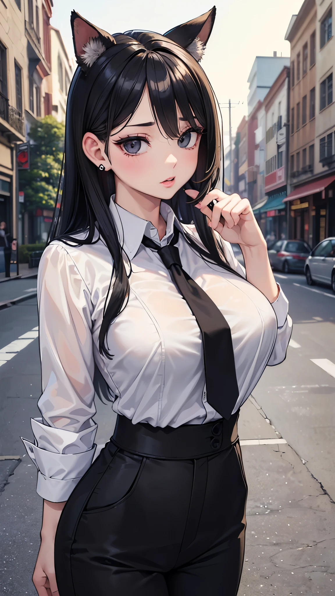 highest quality, masterpiece, high resolution,only {Black business suit:1.40} {tie:1.20} {sunglasses:1.25} {White gloves:1.15} { White shirt:1.10} {Black Skirt:1.15} good looking {Medusa_FGO:1.15} length_hair, Red_hair, very_length_hair, purple_eye, chest, big_chest, 1girl, solo, white background, Street backdrop, upper body, looking at viewer, bare arms, folded arms, หน้าหยิ่ง