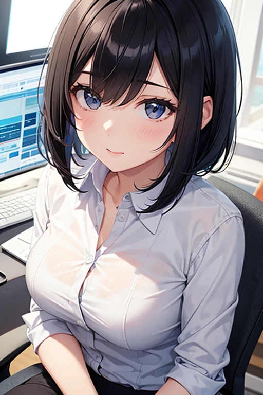Woman sitting on chair in front of window,office, A charming office lady, 28 years old,Slender figure,Small breasts,White shirt,clavicle,Cleavage,Pink Bra,detailed Digital anime art, Charming smile, Portrait, Ilya Kuvshinov. 4k yen, Smooth anime CG art, Cute realistic portrait, Beautiful Anime Girls, Digital anime art, Gweiz-style artwork, Cute Anime Girl, sitting in front of a computer,