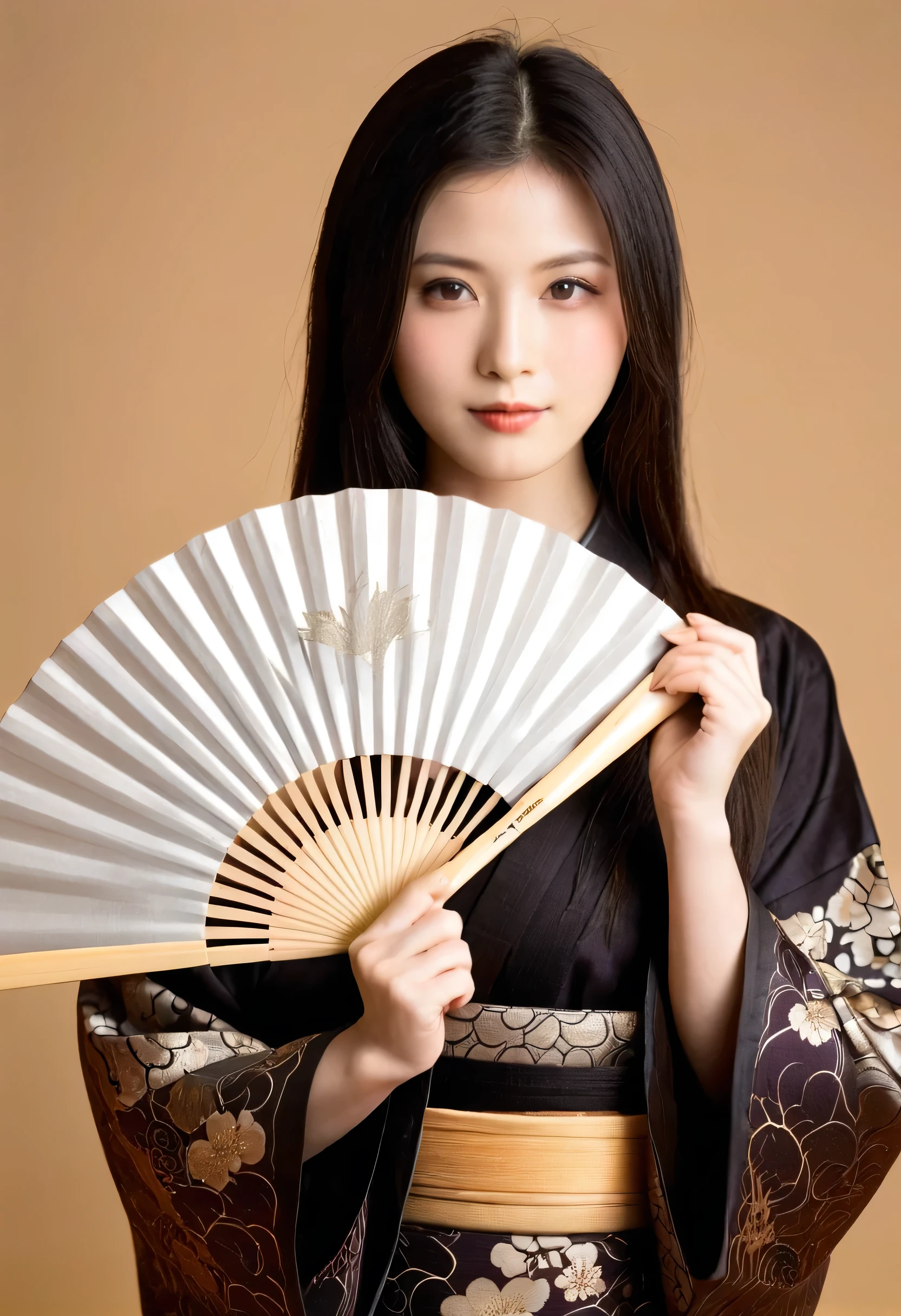 Raw photo, ((8k, masterpiece, best quality, ultra high res:1.2)), super detail, (sharp focus:1.3), (realistic, photo-realistic:1.37), BREAK beautiful Japanese girl, 20 yo, (black hair, very long hair, straight hair, hime cut:1.2), black eyes, fair skin, anatomically correct, large breasts, (Heian period, twelve layer robe, traditional Japanese clothing, Heian aristocrat, female attire, regal, flowing sleeves, layered garments, vibrant colors, rich patterns, graceful, elegant, ornate embellishments, soft fabrics, refined craftsmanship:1.2), BREAK (holding a fan:1.3), seiza, on tatami, photo studio, (gold background), professional lighting