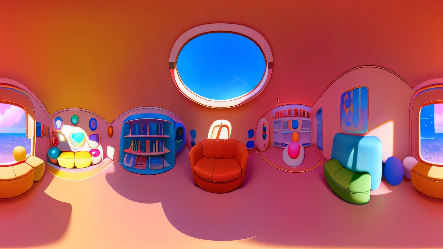 Panoramic view of a colorful a room in Pixar style, featuring soft plush chairs and scattered toys. The room has warm tones of red, orange, and yellow, giving it a cozy, sunset-like feel. The camera is positioned far back to capture the entire spacious room filled with inviting details.