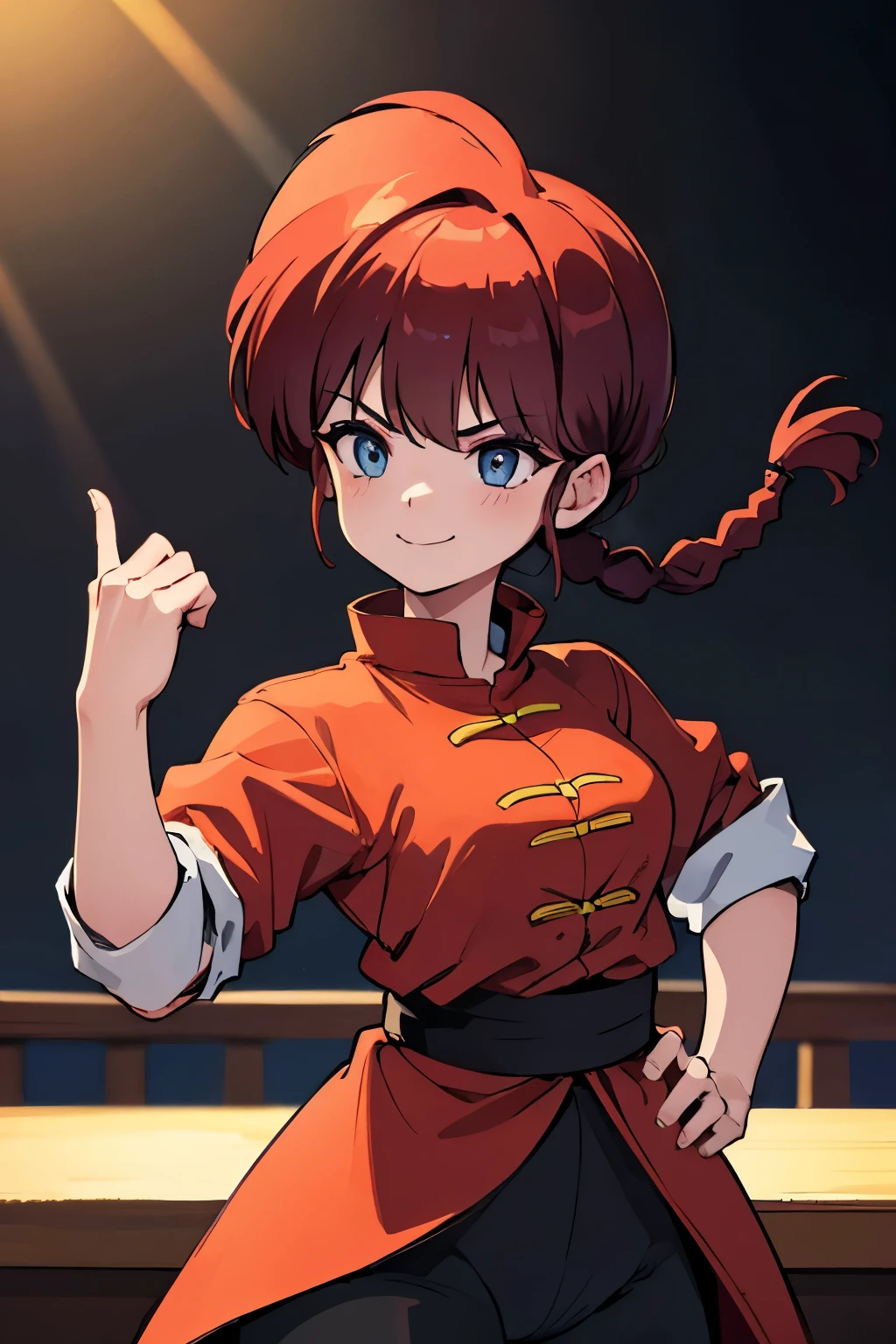 (masterpiece, Best quality:1.2), Expressive eyes, Perfect face, high resolution, 1 Girl, Solitary, Fimmelmann, Braided Ponytail, Chinese clothes, tangzhuang, Black pants, Smile, Fighting Stance, Standing, Looking at the audience,Kung Fu Movies, action, Perfect Anatomy,