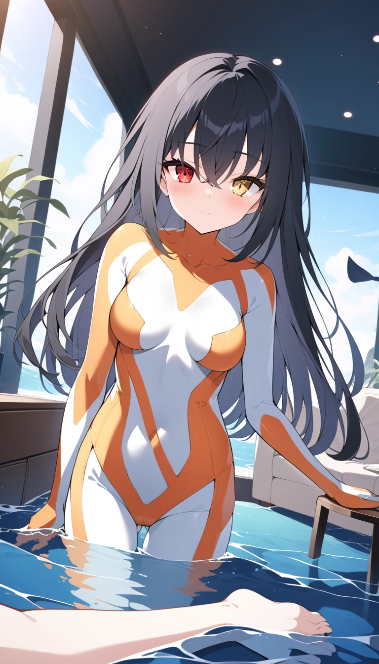 (Please redeem),woman,living room,original,Black Hair ,Heterochromia,red eye,yellow eye(((White bodysuit))),Orange Bodysuit,Ultra Girl,In the water,deep sea,Very detailed,Sharp focus,beautiful, Score_9, Score_8_Excellent, Score_7_Excellent,sauce_anime,