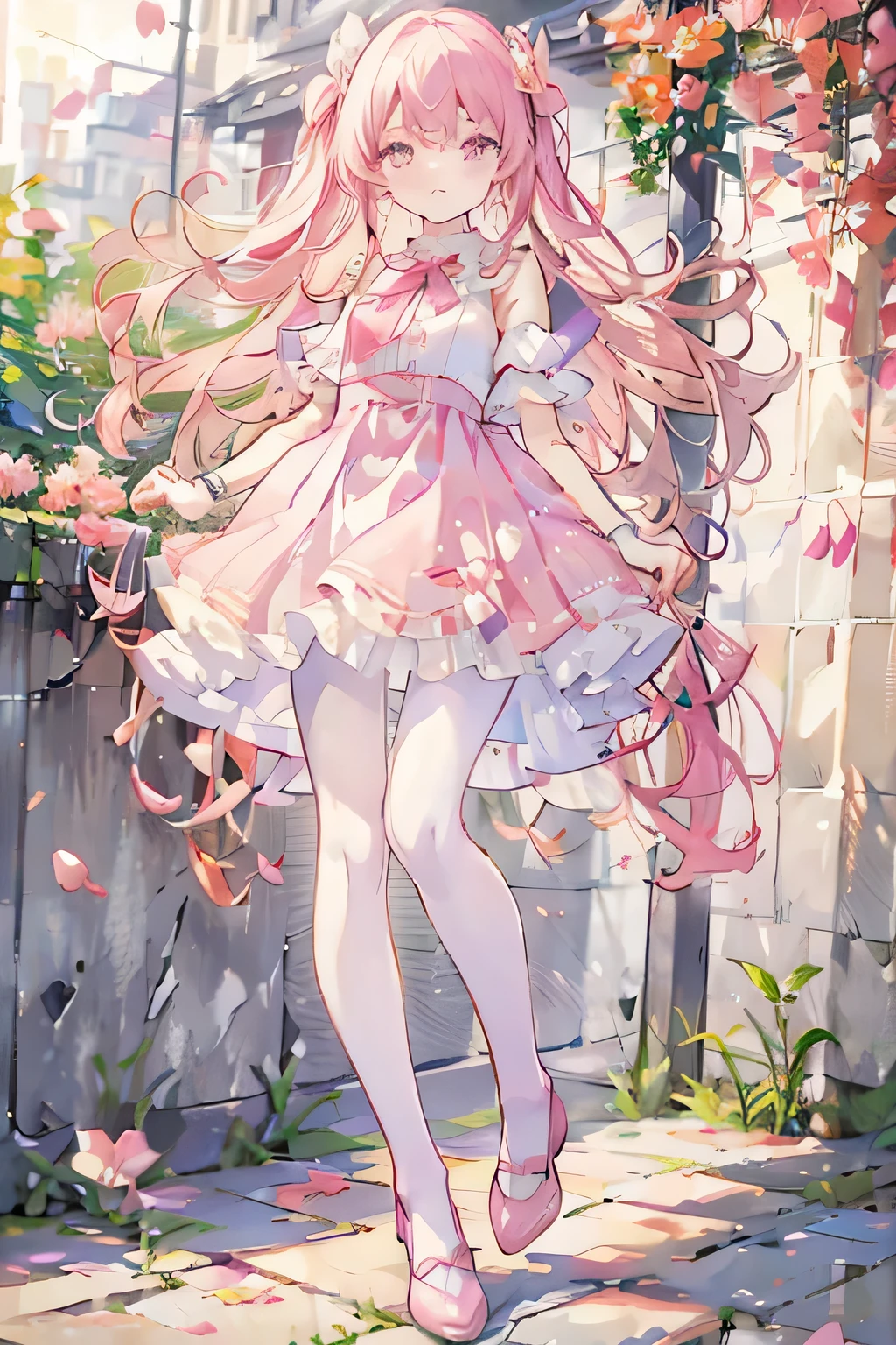 1 girl, pink dress, purple top, full body, white pantyhose, best quality, 8K, outdoor, pink petals falling