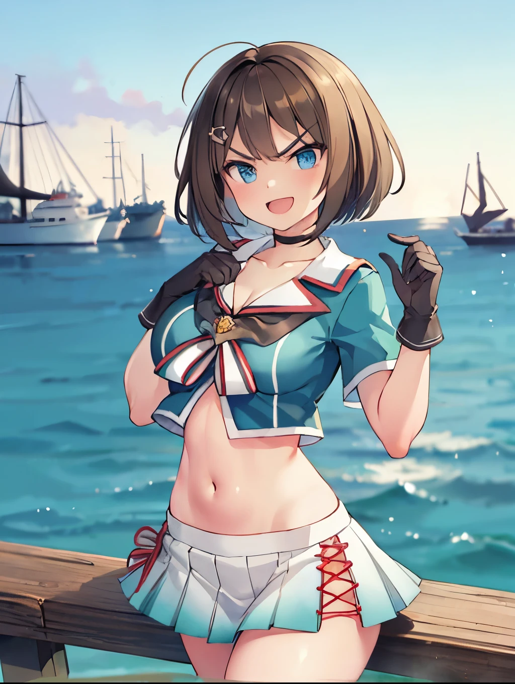 masterpiece, best quality, integrated scenery, integrated background, extremely delicate and beautiful, meticulous details, good composition, , cute face, perfect face, perfect hands, 1young__ girl, , brown_hair, medium_bob_hair, blue_midriff_baring_sailor_uniform, mini_skirt, short_sleeve, thighs, gigantic_breasts, angry_eyebrows, smile,:D, harbor_background, slightly_spread_Legs, happiness, short_gloves,