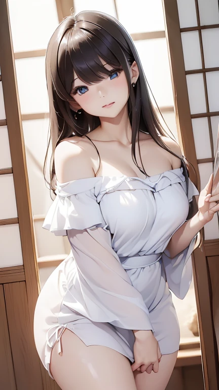 (((masterpiece))),(((High resolution)))、(((8K)))、(((perfect face)))、(((beauty of japan)))、40 years old、(((beautiful face))), (((off shoulder dress))), embarrassed look, look at the camera, (thighs)、top quality eyes, detailed texture, look at the camera, standing, big , plump
