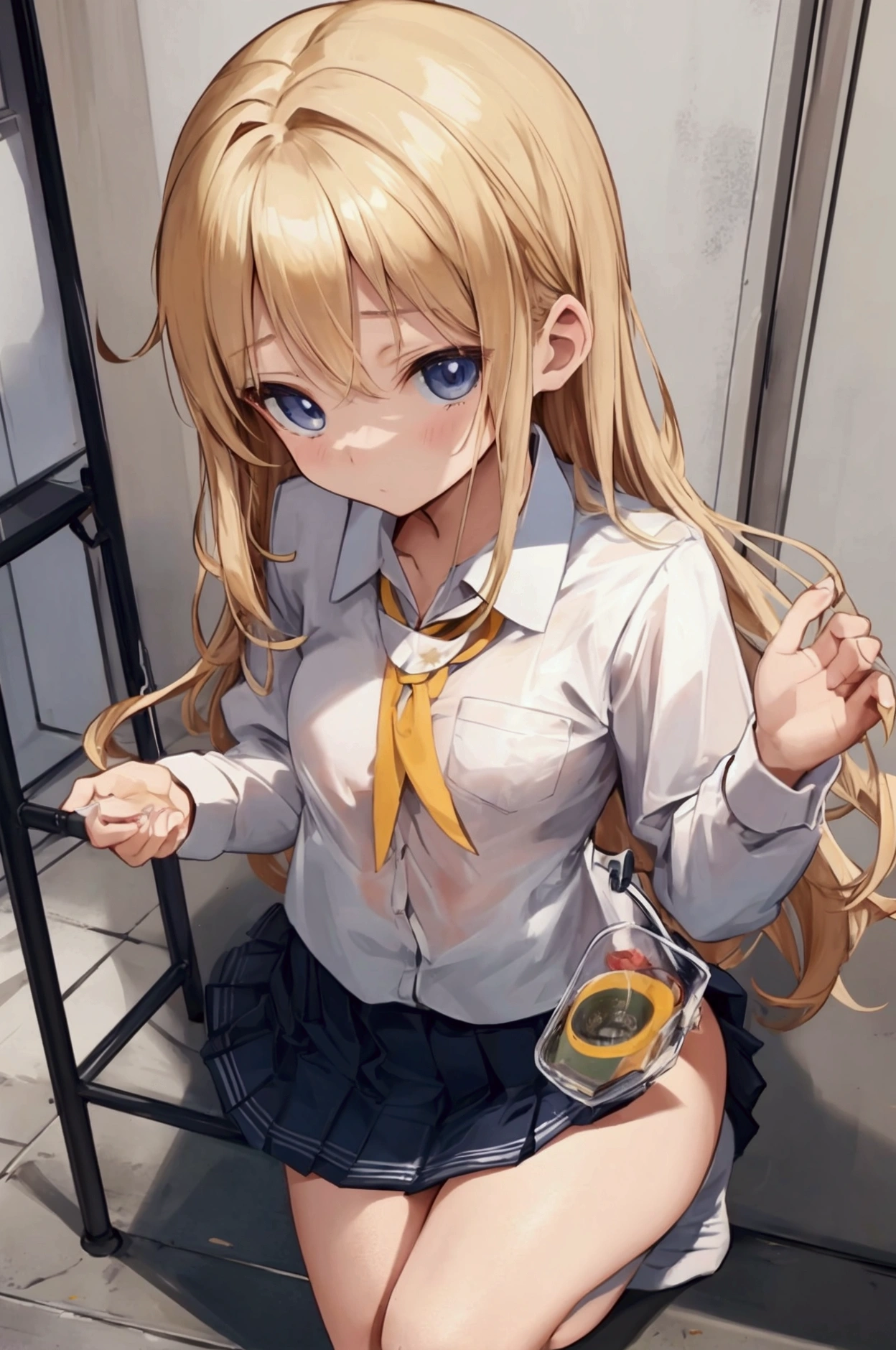 best quality, petite girl, cat ears, lemon yellow hair, long hair, extra-long sideburns, two side up, squatting, girl pee in the toilet, peeing, peeing self, linear pee, looking down, lolita fashion, sailor collar, sleeveless, [closed eyes: (empty eyes:1.3):11], (blush:1.5), (tears:0.6), full body shot, from below