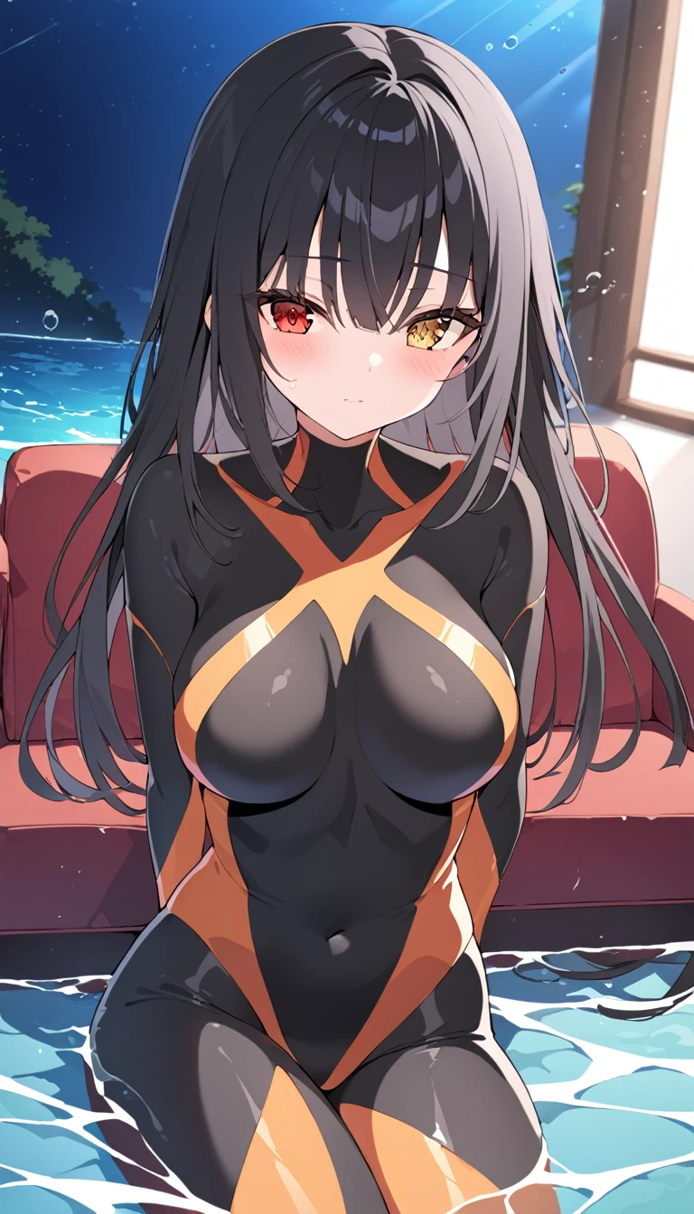 Tokisaki_walnut, One girl, Alone, woman,living room,original,Black Hair ,Heterochromia,Red Eye,Yellow Eyes(((Black bodysuit))),Orange Bodysuit,Ultra Girl,In the water,deep sea,Very detailed,Sharp focus,beautiful, Score_9, Score_8_Excellent, Score_7_Excellent,sauce_anime,