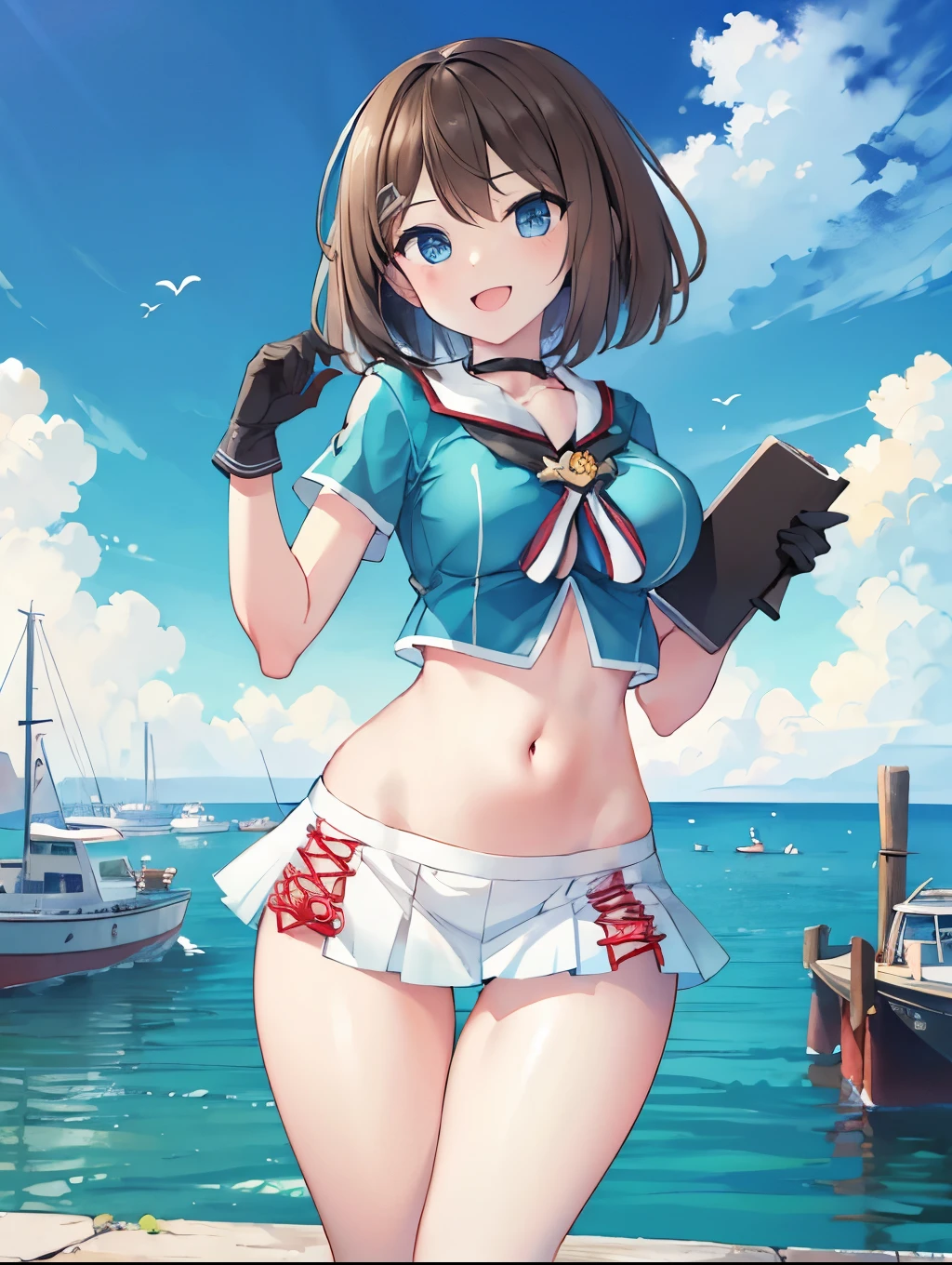 masterpiece, best quality, integrated scenery, integrated background, extremely delicate and beautiful, meticulous details, good composition, , cute face, perfect face, perfect hands, 1young_teen_ girl, , brown_hair, medium_bob_hair, blue_midriff_baring_sailor_uniform, mini_skirt, short_sleeve, thighs, gigantic_breasts,, smile,:D, harbor_background, slightly_spread_Legs, happiness, short_gloves,