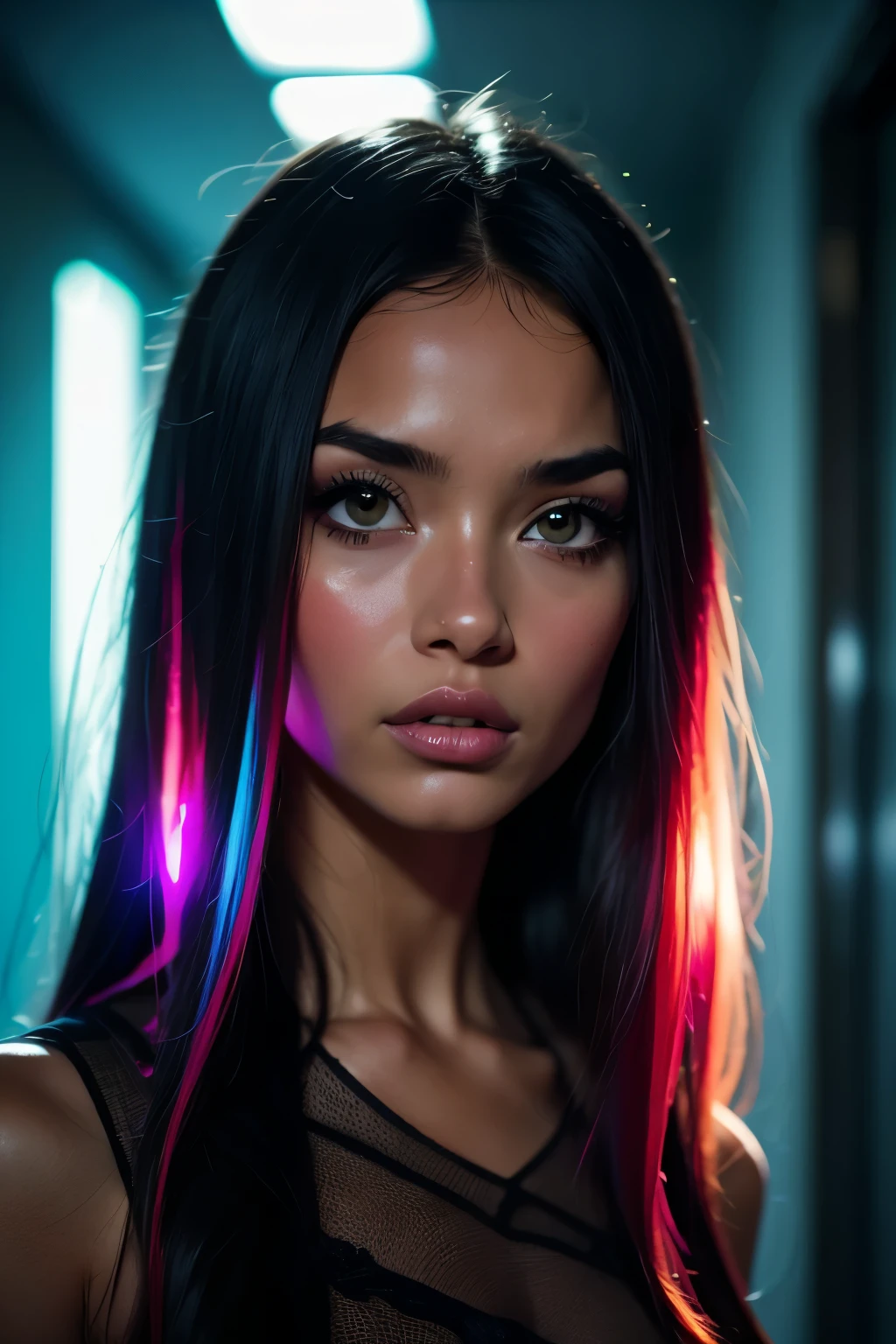 there is a woman with long hair standing in a hallway,young woman's face,looking her shoulder,uniquely beautiful,realistic,reality,trending on 500px,light,woman with black hair,sadan vague,pallid skin,film particles,(flashing lights:1.2), (((colorful lighting))).