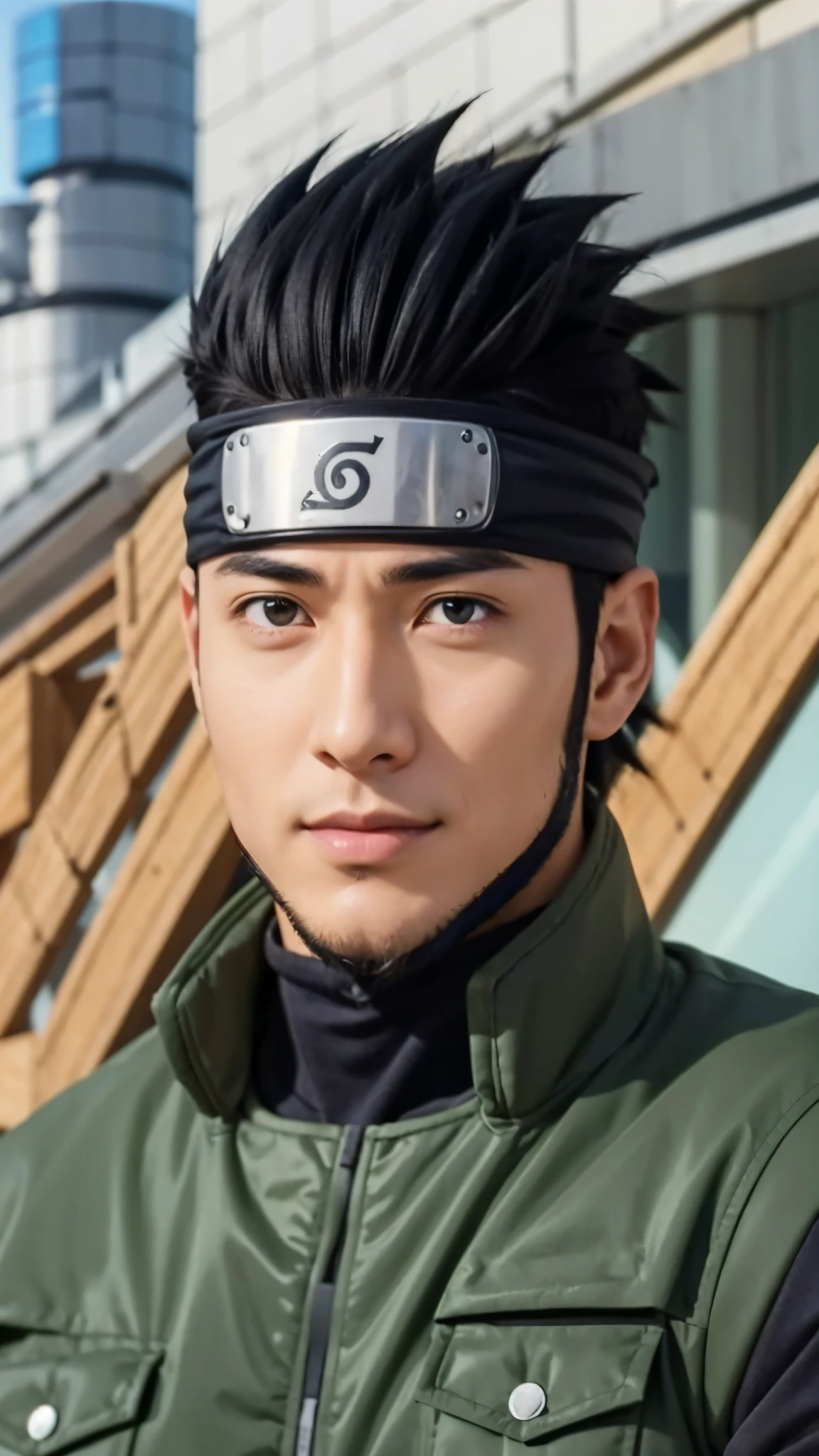 a close up of a person with short hair and a green jacket, asuma sarutobi, asuma sarutobi from naruto shippuden, as an anime character, perfect anime face, he has black hair with bangs, male anime character, anime character, anime best man, hime cut hairstyle, black hair, black eyes, smile, realistic, ultra detail, city background, (handsome face:1.3)