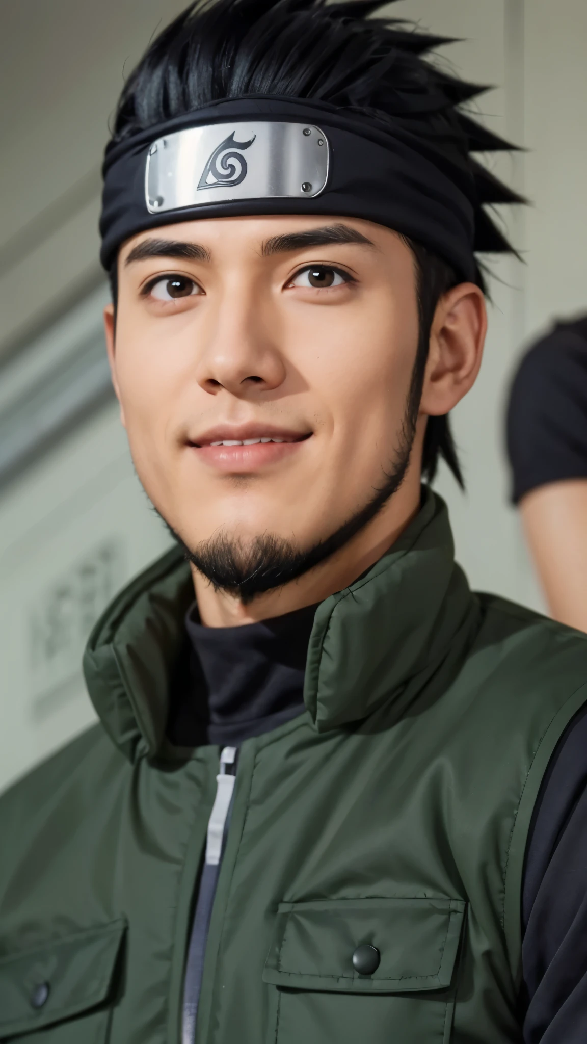 a close up of a person with short hair and a green jacket, asuma sarutobi, asuma sarutobi from naruto shippuden, as an anime character, perfect anime face, he has black hair with bangs, male anime character, anime character, anime best man, hime cut hairstyle, black hair, black eyes, smile, realistic, ultra detail, city background, (handsome face:1.3)