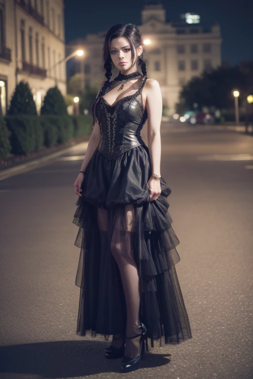 photo professional  portrait photography of the full body a beautiful ((Krisstalove)), braided black hair, gothic makeup and clothing, in lawyer during midnight, Nikon Z9 . high quality photography, Movie,  professional, 4k, Highly detailed, masterpiece