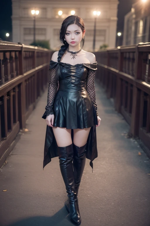 photo professional  portrait photography of the full body a beautiful ((Krisstalove)), braided black hair, gothic makeup and clothing, in lawyer during midnight, Nikon Z9 . high quality photography, Movie,  professional, 4k, Highly detailed, masterpiece