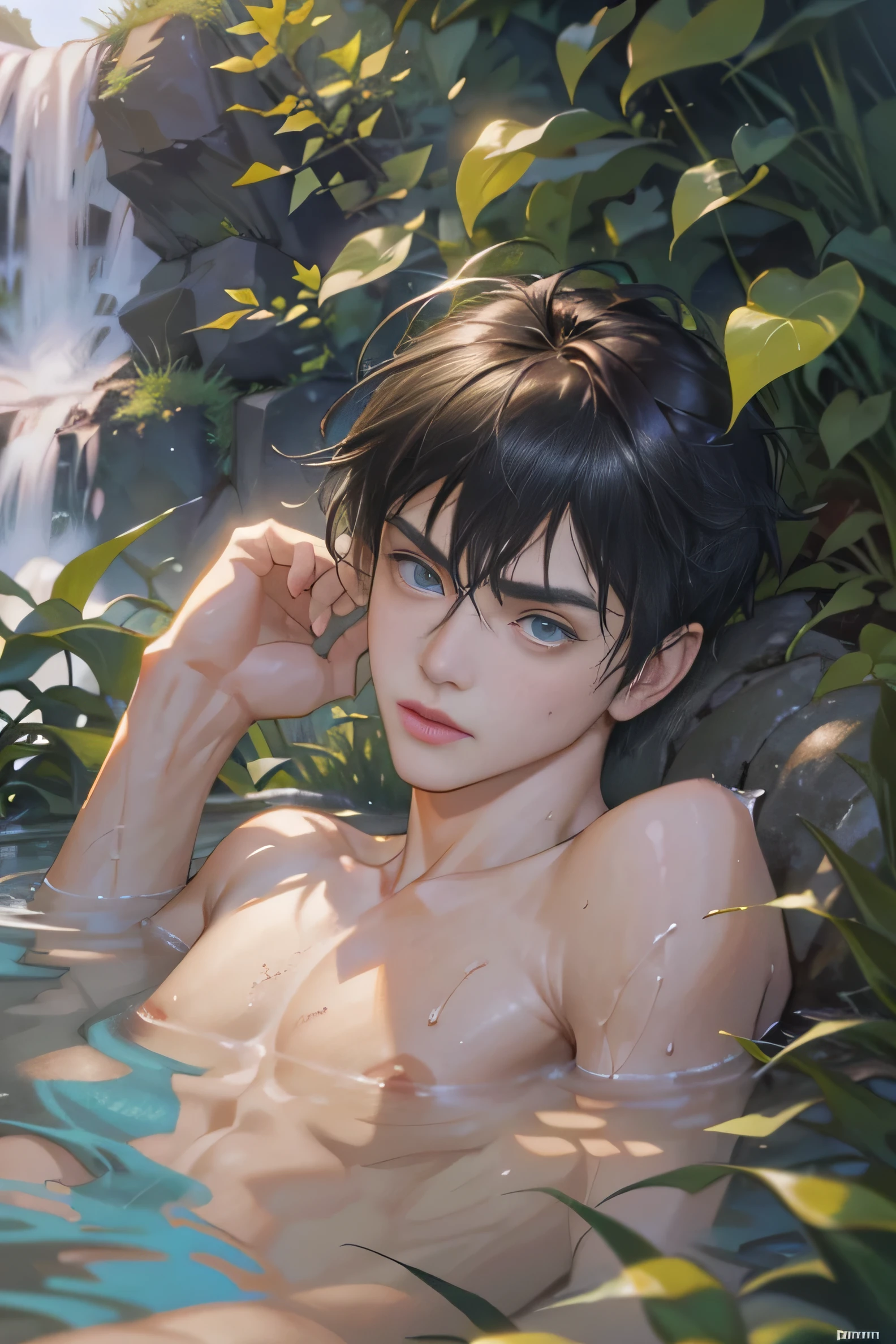 (Masterpiece, best quality), 1 person, muscular, bright colors, (depth of field: 1.2), sunlight, bright, high exposure, 1 boy, male focus, solo, 15 years male male, dark skin, , plump and handsome, outdoors, bathing with steam, hot spring, hot spring, sweat, looking at the audience, depth of field, bokeh, detailed background, detailed lighting, diffuse natural sunlight, diffuse natural skin shine, symmetrical eyes, soak in hot springs,