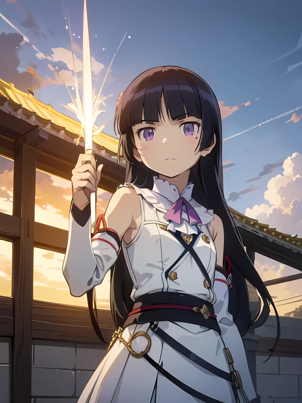 Moment of Final Battle, (ruri gokou), 1 female, Alone, Black Hair, Hime cut, Long Hair, At the top of the temple above the clouds、As the thunder roars、A female knight brandishing a sharp, shining sword。Lightning is running all around、A pillar of light shines from the sky。The sea of clouds behind is divine.々Shii。