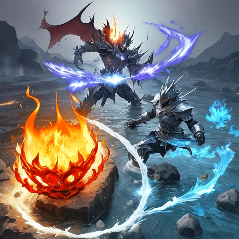 a blue topaz style ant hill with a sword and shield, there are skulls around and treasures,it was surrounded by  burning fire, with some visual effects,fantasy,3D,HdR, 4k upscale, v--4.