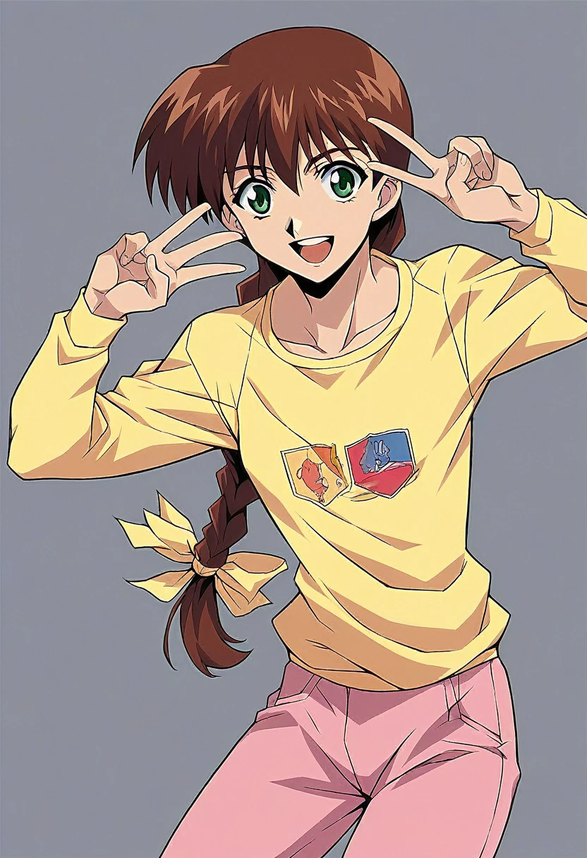 1girl, solo, MiyanoshitaSatsuki, brown hair, green eyes, single braid, long hair,  shirt, long sleeves, raglan sleeves,  yellow sleeves, Masterpiece, pink pants,  beautiful art, professional artist, 8k, very detailed face, very detailed hair, mouth open, smile, v, peace sing, collardbone, best quality,