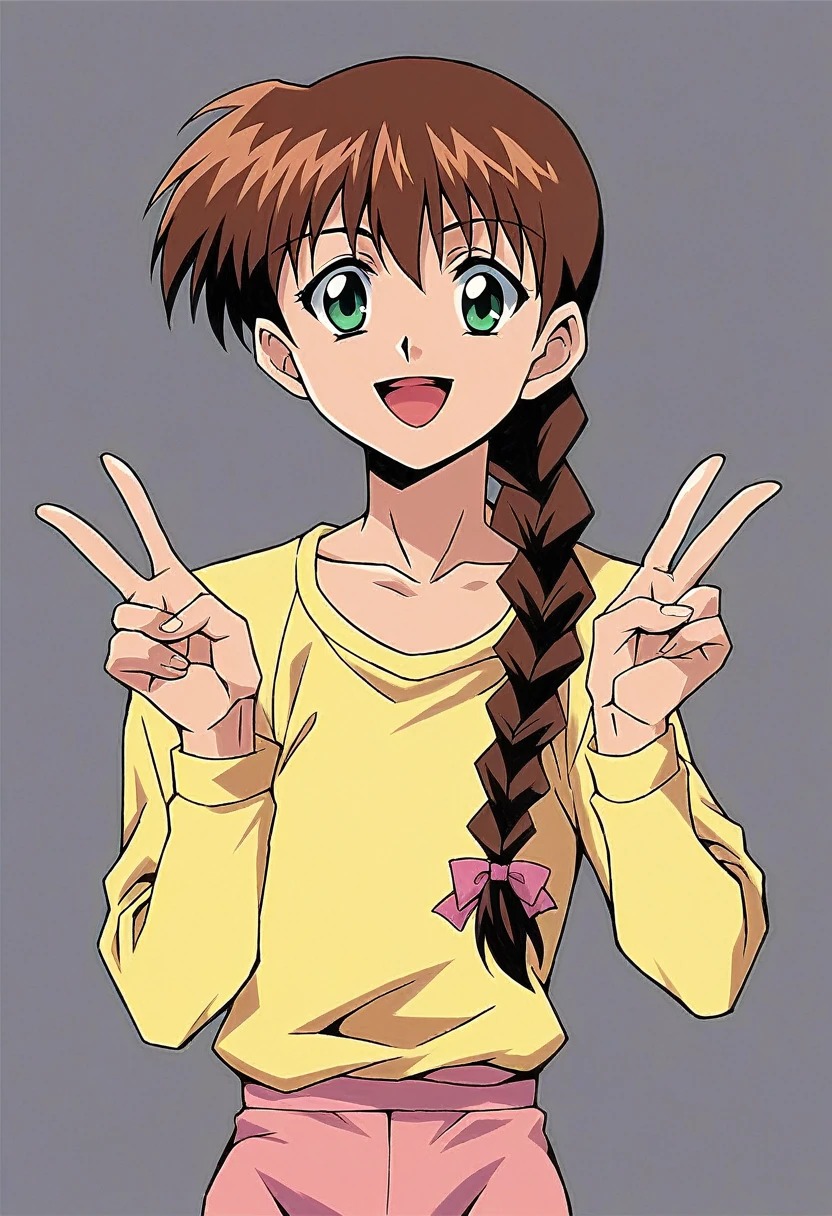 1girl, solo, MiyanoshitaSatsuki, brown hair, green eyes, single braid, long hair,  shirt, long sleeves, raglan sleeves,  yellow sleeves, Masterpiece, pink pants,  beautiful art, professional artist, 8k, very detailed face, very detailed hair, mouth open, smile, v, peace sing, collardbone, best quality,