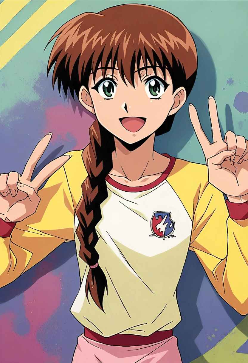 1girl, solo, MiyanoshitaSatsuki, brown hair, green eyes, single braid, long hair,  shirt, long sleeves, raglan sleeves,  yellow sleeves, Masterpiece, pink pants,  beautiful art, professional artist, 8k, very detailed face, very detailed hair, mouth open, smile, v, peace sing, collardbone, best quality,