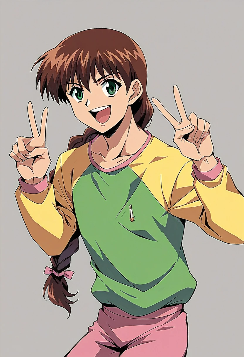 1girl, solo, MiyanoshitaSatsuki, brown hair, green eyes, single braid, long hair,  shirt, long sleeves, raglan sleeves,  yellow sleeves, Masterpiece, pink pants,  beautiful art, professional artist, 8k, very detailed face, very detailed hair, mouth open, smile, v, peace sing, collardbone, best quality,