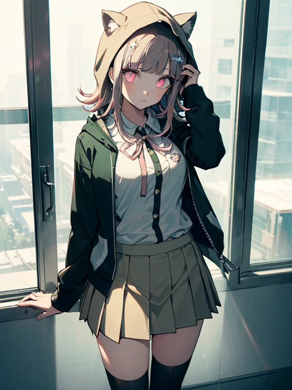 One girl, Alone,(in danganronpa styles:1.3),((Nanami Chiaki)),(light brawn hair:1.1), Hair Accessories, Medium Hair, (glowing eyes:1.5),((beautiful detaileyes:1.3)),White shirt,(dark green hoodie:1.1), (cat ear on the hoodie),((green hoodie over head:1.1),Long sleeve,(hand on head)Neck ribbon, Zipper open, open jacket, over-kneehighs, Pink Ribbon, pleated skirt, skirt,Unity 8K Wallpapers, (figure:1.5),perfect lighting, Extremely detailed CG, (Perfect hands, Perfect Anatomy), (masterpiece:1.2),  