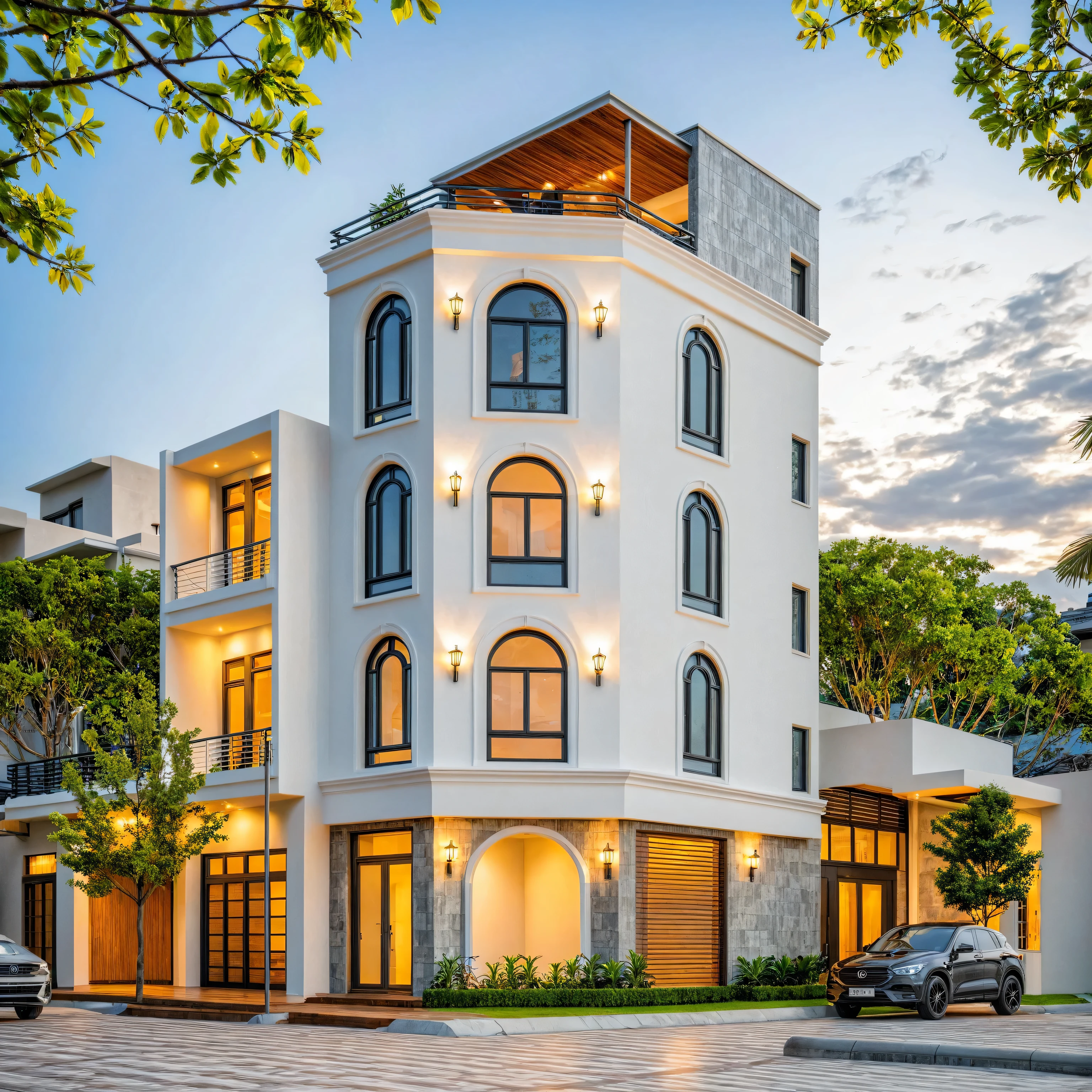 Masterpiece, high-end, best quality, authentic, super detailed, outdoor, aiaigroup, modern 2-storey townhouse, stairs, white walls combined with wood, wind encaustic tiles, conwood ceiling, flowers , path, summer evening, trees, sky, clouds, (daylight: 1.1)