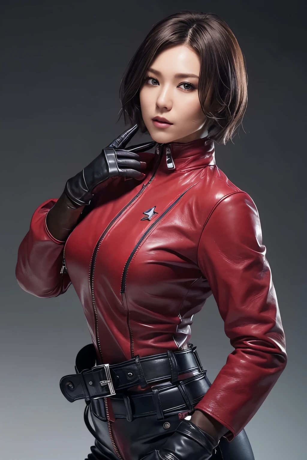 (Realism:1.4),Resident Evil 6,Ada,Short Hair,No background,look at me,A body that makes you want to touch it,foxy make up,The most beautiful stars,Photorealistic,Ultra HD,high quality,masterpiece,Detailed details,Anatomical basis,Depicted in detail,A detailed face,Realistic skin texture,Vivid details,Perfect Anatomy,Perfect Anatomy,Anatomically correct hand,Anatomically correct fingers,Super Detail,Pink Lips,fearless smile,she is Wearing ((long sleeve rider jacket(red leather))(((close the zipper tightly)))) and ((one waist belt)(Black leather)(metal buckle)) and ((Skinny long pants(Black leather))) and ((((gloves)))(black leather)),intelligent and beautiful star model,(chin is thin),Costume made of thick leather fabric,Japanese female new recruits (under huge breasts)(slender body shape)(Black leather gloves cover both hands) ,younger face,cowboy shot photo,