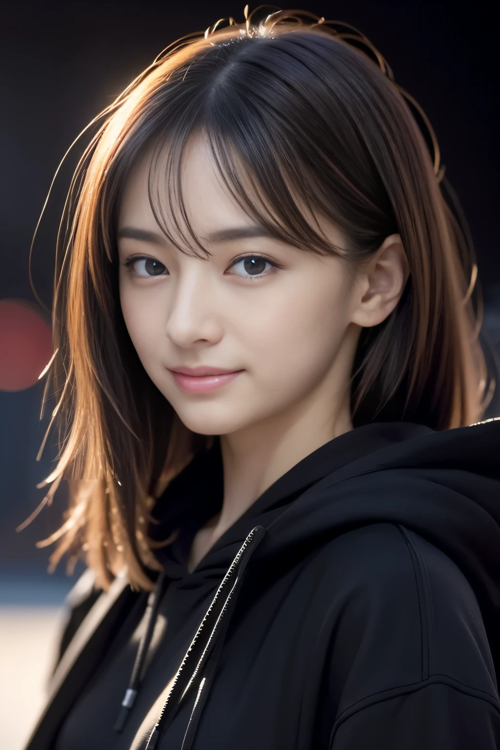 A woman with long hair and a black hoodie posing for a picture - SeaArt AI
