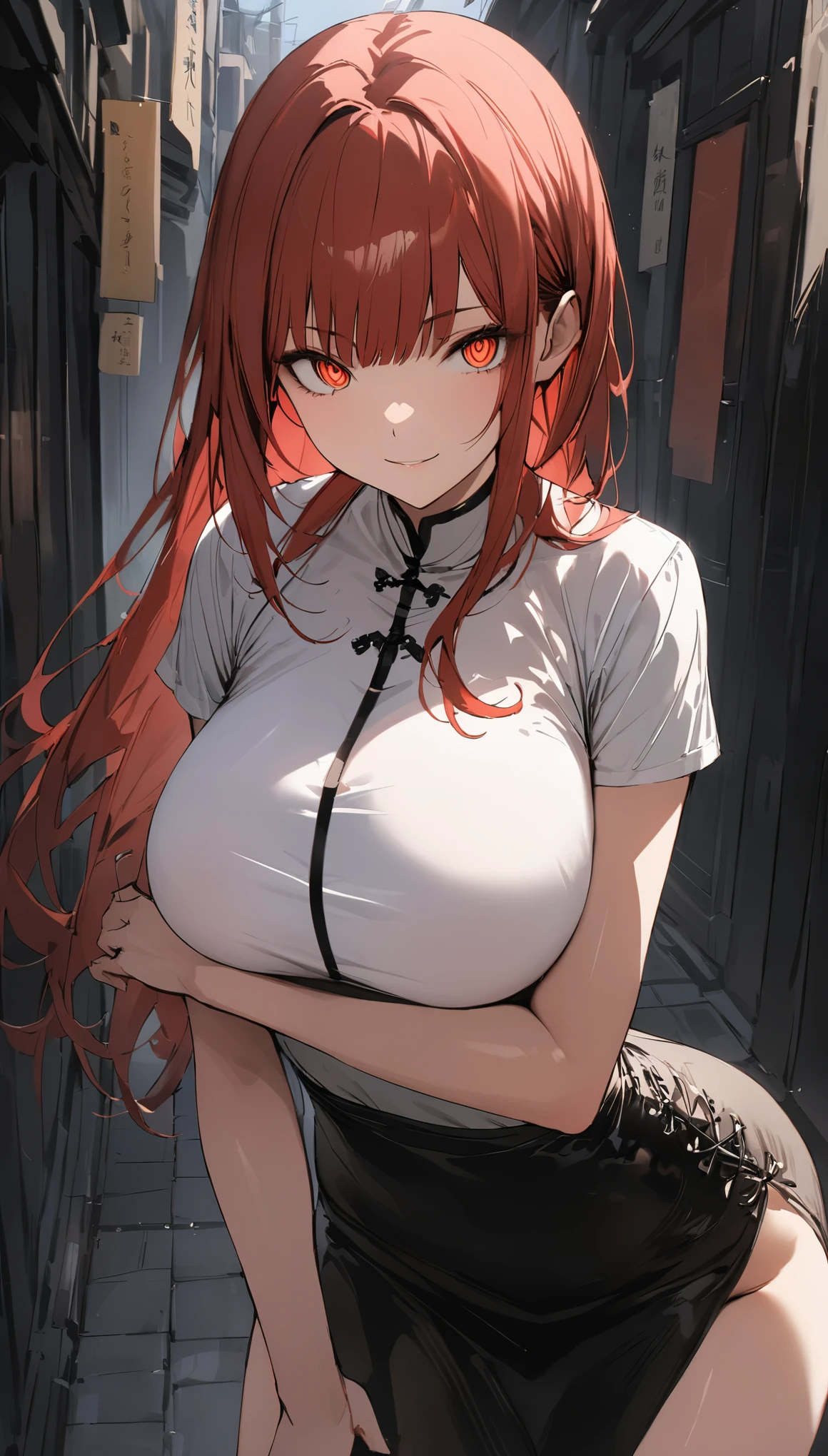 book cover, Makima (1 woman, 30 years old, medium, big breasts, Long red hair, Side bangs, sharp eyes, calm smile), (white shirt, Chinese skirt), conceptual Art, masterpiece, Super detailed, Attention to detail, High image quality, highest quality, High resolution, sexy, lovely posing, in street
