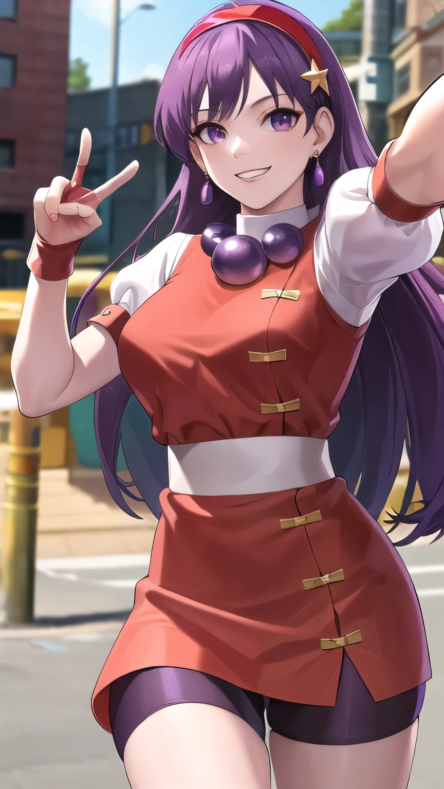 masterpiece, best quality, highres, aa1, purple hair, long hair, hairband, long hair, necklace, bike shorts, earrings, red dress, medium breasts, puffy short sleeves, white sleeves, wristband, cowboy shot, smile, street, peace sign,