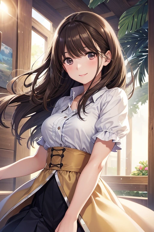 (High quality, High resolution, Fine details, Realistic), Long Wave Hair、dark brown hair、Earring、Modest necklace、White shirt with short sleeves,Pink flared skirt, crystal clear skies, Strong sunshine, Solo, Adult Woman, Sparkling eyes, Smile, blush, Large breasts, Oily skin, Shallow depth of field、Puffy nipple、Pose with chest emphasis in a slouching position、Holding the skirt with your hands Skirt Fuwari