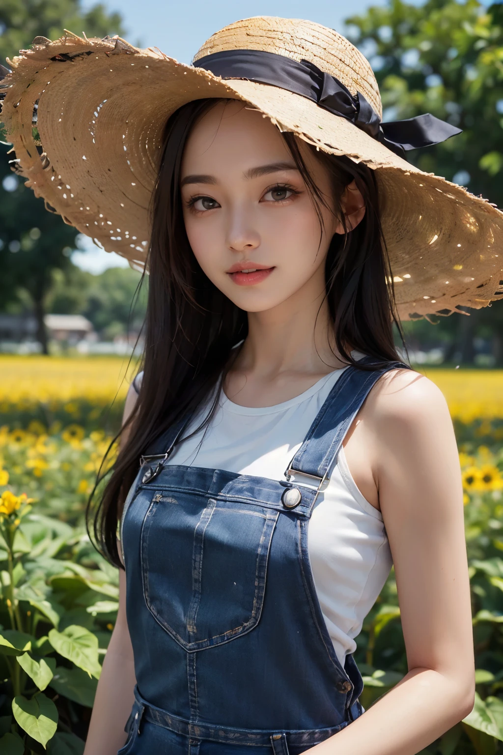 masuter piece, best qualtiy, (realisitic, Photorealsitic:1.37), ((独奏)), 8K image quality, Extremely delicate and beautiful, splendid, Official art with attention to detail, Ridiculous, Unbelievably ridiculous, huge filesize, ultra-detailliert, ighly detailed, (Cute little girl s), (detailed girl), extremely detailed eye and face, Beautiful detailed eyes, Light makeup,, (Slender and perfect female figure), large full breasts, Slim waist, big butts, (Korean beauty), Brown hair, ((Twin-tailed)),((fullllbody)), ((Put the head in the frame)), ((white t-shirts)), ((Overalls clothing)), Wheat field, kindly smile