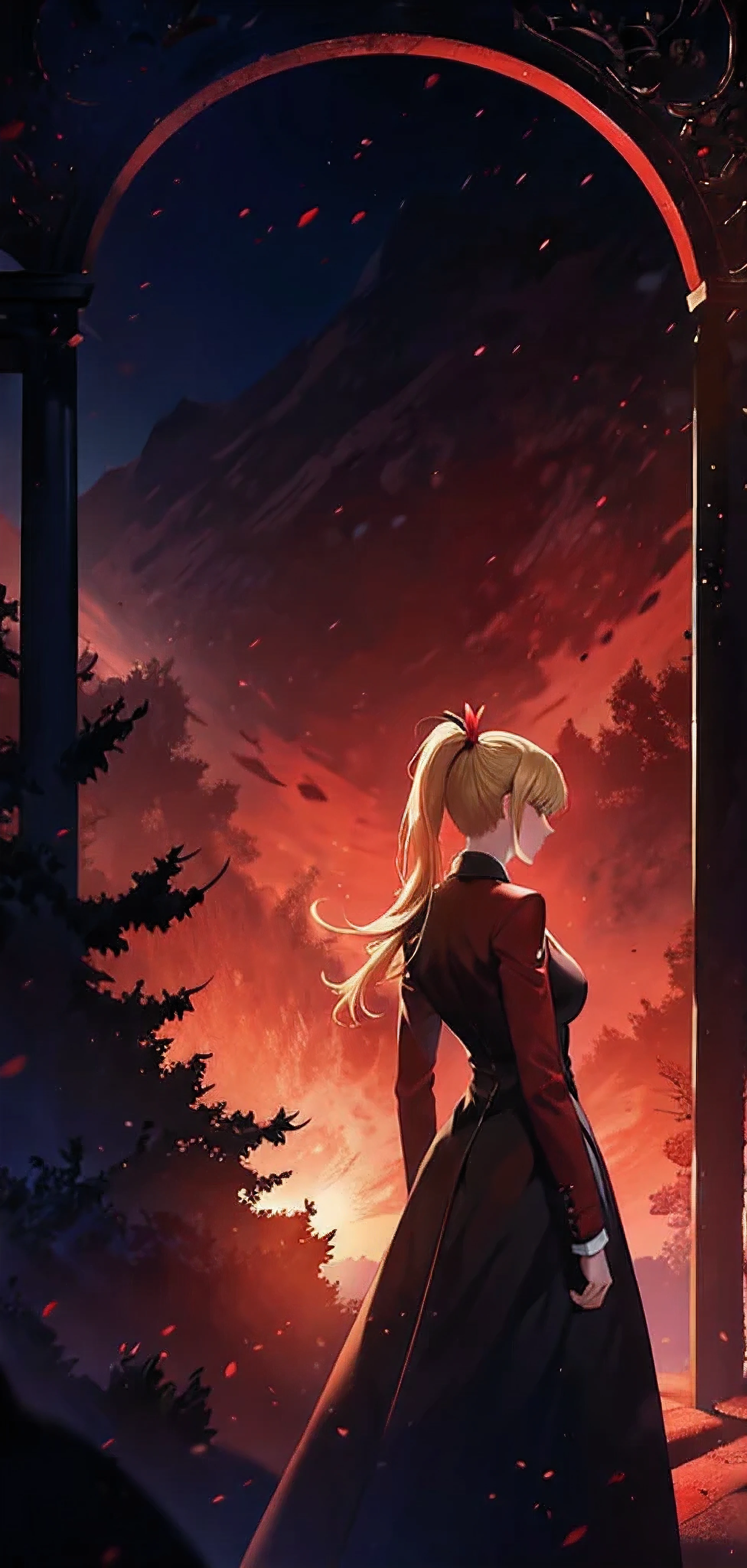 Blonde ponytail woman，long coat，Rear view，silhouette，sexy body，red forest，Red Moon，Red Night，Gate，Beyond the Gate, another world，