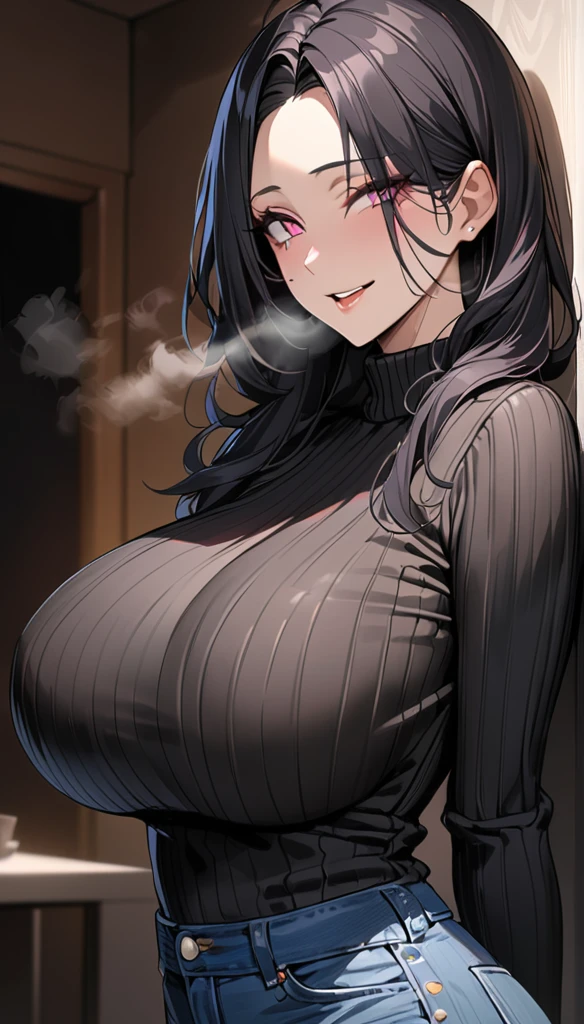 4K, masterpiece, Best Quality, (detailed face and eyes_1.4), detailed skin, Cowboy Shot, detailed, One girl, 2, Mature Body, Big Breasts, Alone, Black Hair, Pink eyes, Mole under left eye, Hair covering the right eye, A small smile, steam coming out of mouth, Open lips, black sweater, jeans, Villain&#39;s Smile, Red choker, A seductive smile, Seductive eyes, Obsidian Gemstone Earrings、((steam,sweat)), 