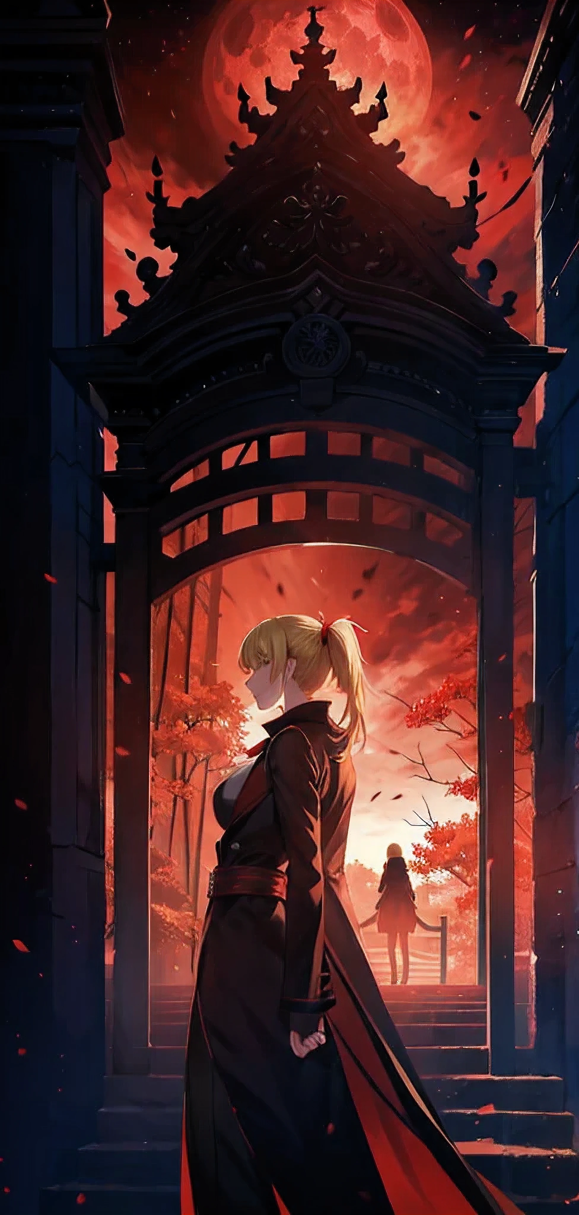 Blonde ponytail woman,long coat,Rear view,silhouette,sexy body,red forest,Red Moon,Red Night,Gate,Beyond the Gate, another world,
