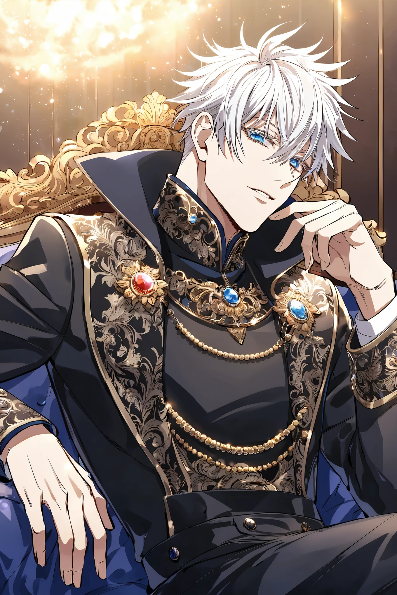 (masterpiece, best quality), (absurdres absolutely resolution), (8k), (detailed beautiful face and eyes), (detailed illustration), (super fine illustration), (vibrant colors), (professional lighting), Cowboy Shot, Satoru Gojo, 1boy, Gojo Satoru, white hair, short hair, spiky hair, hair between eyes, blue eyes, white eyelashes, (black elegant fantasy clothes, blaser, long coat, elegant embroidery details, intricate jewelry, gloves, fantasy style, high fashion), handsome, attractive, Sexy Man, Sensual, Fantasy Bedroom, sitting, [[[Jujutsu Kaisen]]], (SuperQuality:1.0) ~ (SuperQuality:1.2)