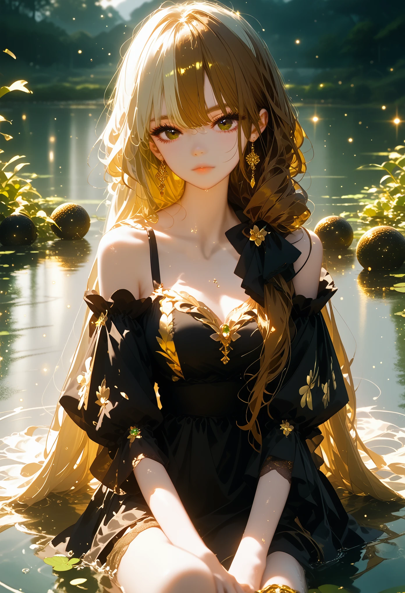Girl Sits on a Big Ball Joyfully Flirts with the Viewer, Very Beautiful in Black Cotton Dress with Golden Patterns, Beautiful bangs, Long very Hair Voluminous two Hair Colors gold and green, Very Beautiful Brown Eyes, The pool is beautiful, Sun Shines Cloudy, Everything glitters, the water sparkles,core_9, score_8_up, score_7_up, dramatic lighting, highly detailed, high budget, bokeh, cinemascope, moody, epic, gorgeous, film grain, grainy, masterpiece, best quality, perfect anatomy, very aesthetic, official art, 8k, Ripples on the water from the wind,