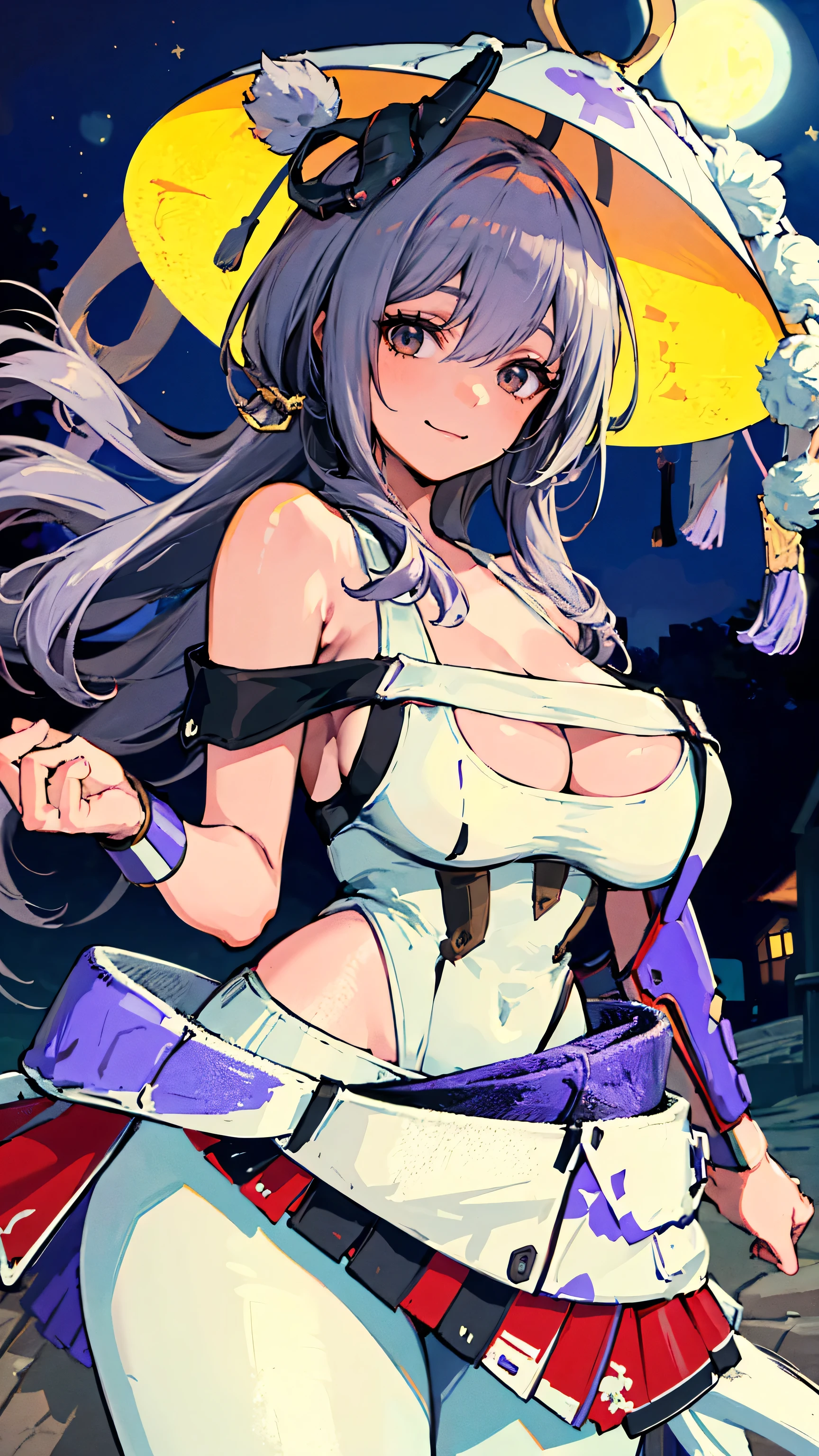 sksbrooke, (masterpiece:1.2), (Best Quality:1.2), Perfect Eyes, Perfect Face, (night), One girl, Alone,Voluptuous body,scarletx
long hair
white leotard, white pants, bare shoulders, overskirt, hip vent, hat, fail,smile,Large Breasts