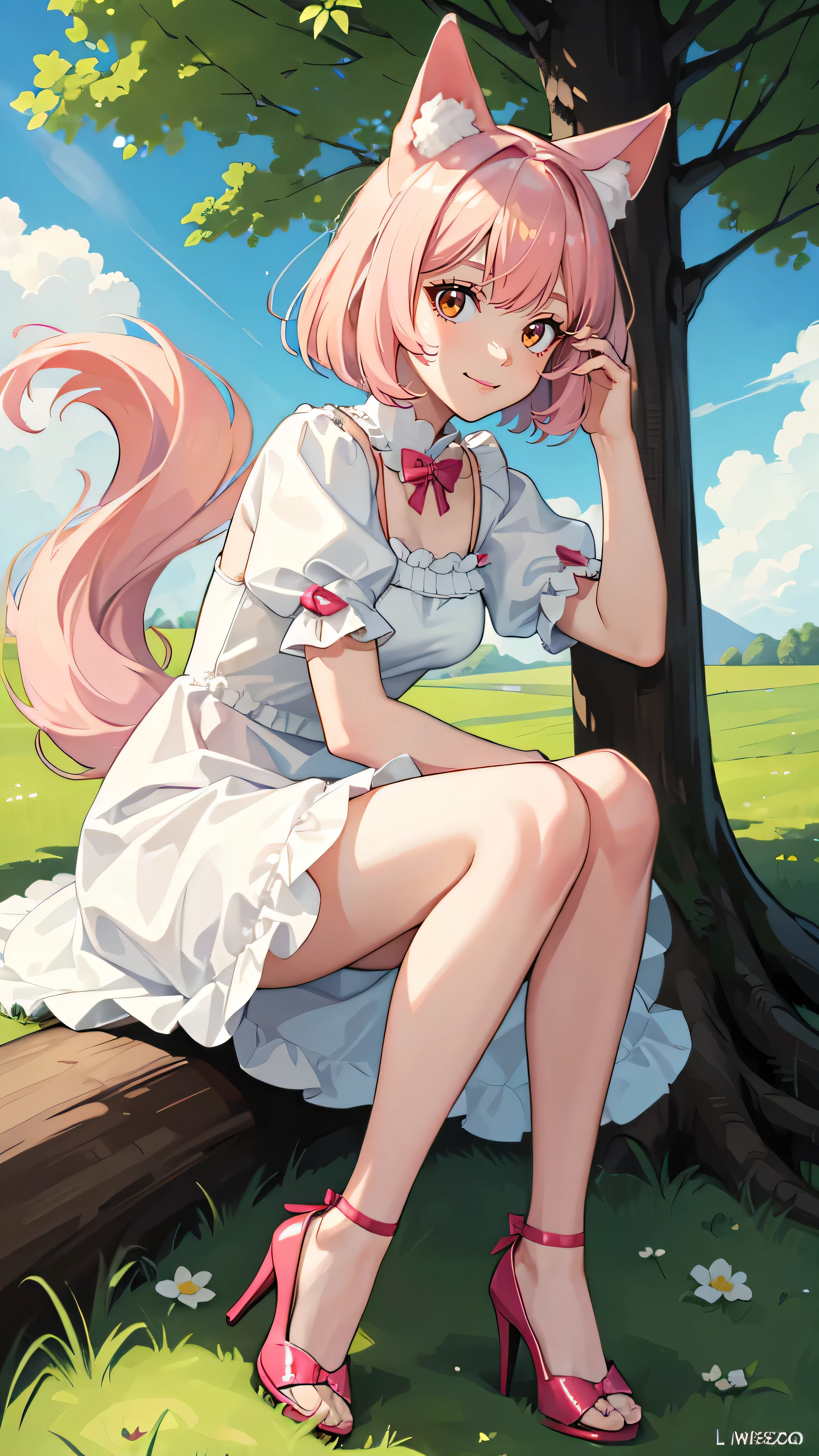 ((masterpiece,best quality)),1girl,half kitsune and half human, elegant satin dress, fluffy ears, high heels, solo, animal ears, knees up, dress, sitting, short sleeves, looking at viewer, grass, short hair, smile, pink hair, puffy sleeves, outdoors, puffy short sleeves, on ground, full body, animal, white dress, sunlight, brown eyes, dappled sunlight, day, depth of field