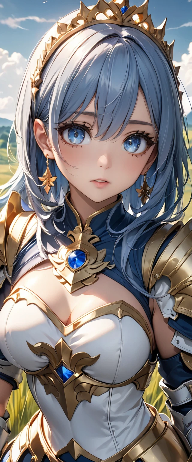 best quality, super fine, 16k, beautiful silver-haired knight, wearing shiny plated alloy armor on her chest and lower abdomen, anatomical diagram patterns painted in iridescent colors on the skin of the face and body, abs, holy sword, on the magic circle, background halation