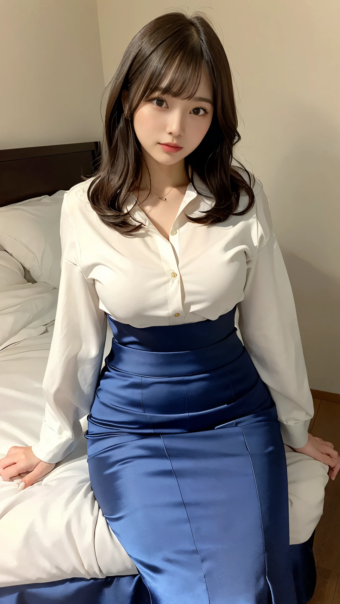 Portrait、(masterpiece,Best Quality,Ultra-high resolution),Extremely detailed CG,Short bob hair with bangs、Beautiful and well-proportioned face、(((Very beautiful Japanese women))),((High waist mermaid pencil skirt、Vibrant satin fabric)),((Maxi long skirt))、Long sleeve knit shirt、sitting on the edge of a bed in a dark room,