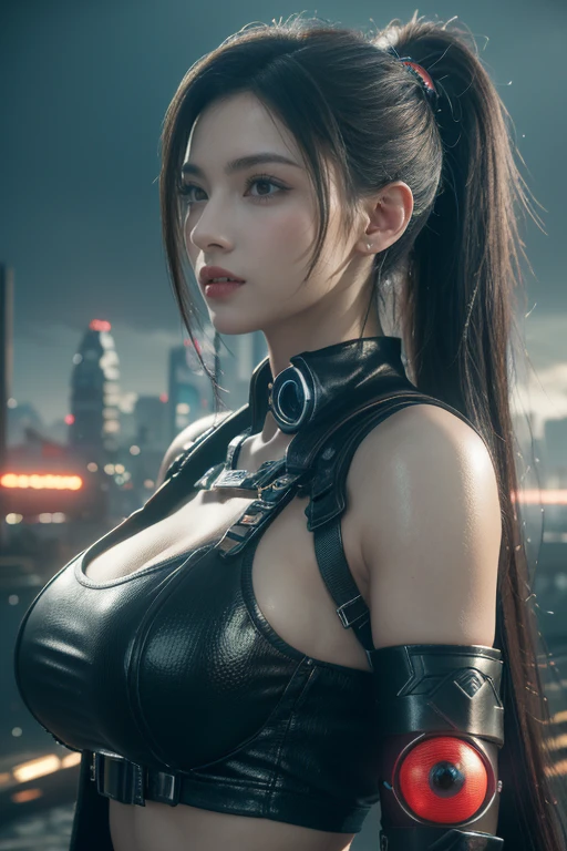 ((16K)),((masterpiece:1.3)), ((Highest quality)), ((Ultra-high resolution)), (Very detailed), (Realistic, photoRealistic:1.4), Perfect lighting,((Side light)), Written boundary depth, Surrealism,photo shoot, No makeup, Film Grain, chromatic aberration, Sharp focus, Face Light,((Beautiful detailsまでこだわった髪)),((Beautiful eyelashes)), Beautifully detailed face, Beautiful details, Beautiful clavicle, Beautiful body, Thin legs,Beautiful breasts, Pointed Chest,Beautiful legs, ((Detailed and carefully drawn hand)), Cleavage, Perfect Anatomy, Supermodel with a long neck,((Skinny1.3)),23 years old,Looking into the camera,(Perfect Anatomy,Anatomically correct, Very detailed肌), Glowing Skin,((beautiful girl:1.1)),(( large breasts :1.5)),shiny hair,((Beautiful ponytail hair)),((Mid-length hair:1.4, Wavy Hair:1.2, Black Hair),((See-through bangs:1.2)),Dainty facial structure,((Captivating smile:1.3)),((Arching the back:1.2)),((wearing Cyberpunk Gunfighter)), ((Futuristic Cyberpunk Outfit:1.2)), ((Don a futuristic ensemble with cyberpunk-inspired clothing, incorporating sleek lines and high-tech details, Gloves with Built-in Tech, Enhance the look with gloves that feature built-in tech elements, adding a sci-fi touch, Holographic Gun Holster, Carry a holographic gun holster for an avant-garde and visually striking appearance in a Hollywood-worthy action scene)),background((Background of a colorful cyberpunk Tokyo street at night. The scene features futuristic skyscrapers illuminated by neon lights and holographic advertisements. ((Flying vehicles zip through the sky)), while people in cyberpunk fashion walk the streets below, The walls of the buildings are adorned with giant digital screens displaying vibrant ads and animations. The ground is embedded with colorful LED lights, creating an ethereal and otherworldly atmosphere throughout the city)),((wide angle:1.5 )),