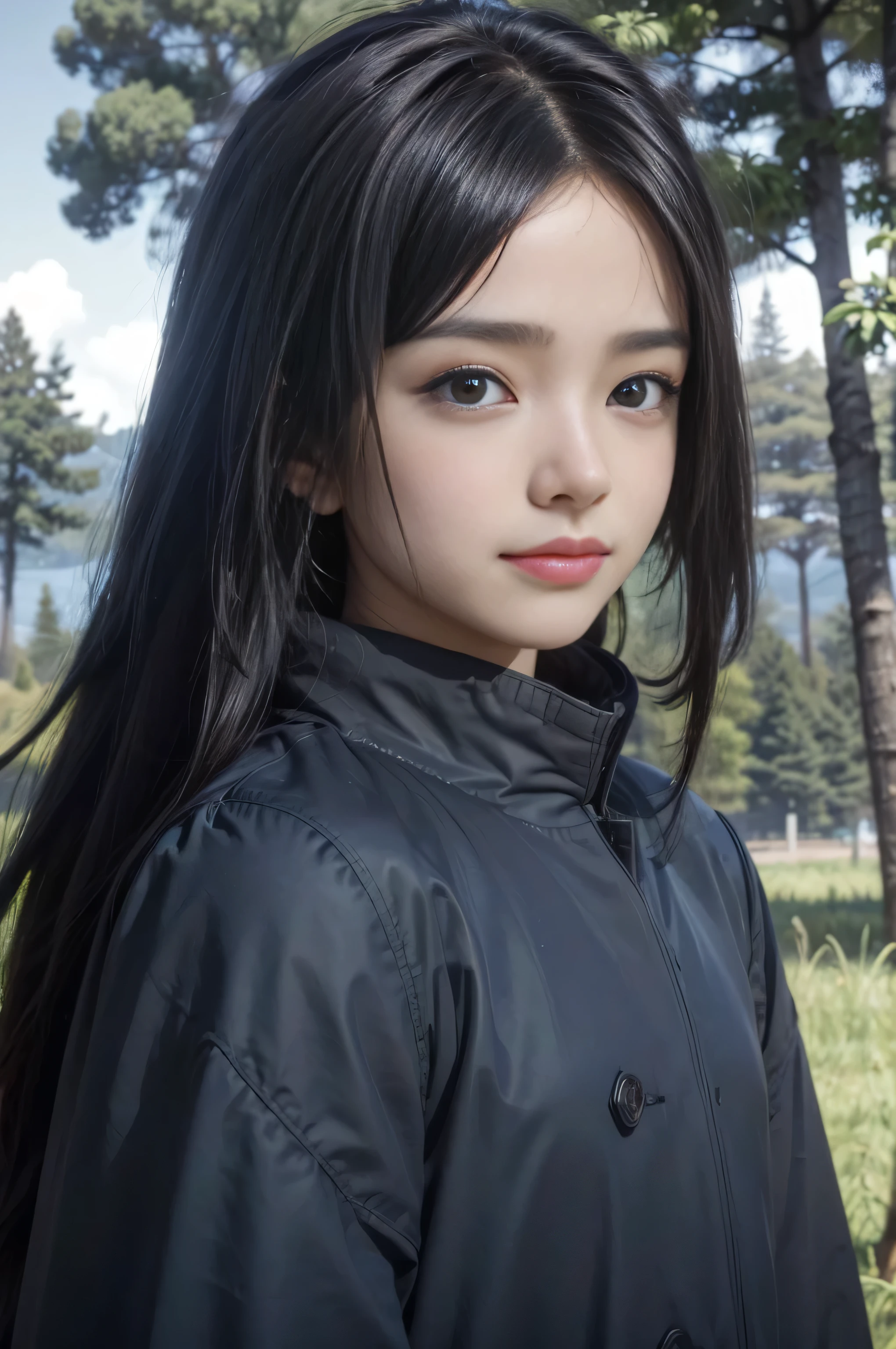 masterpiece, best quality, (realistic,photo-realistic:1.4), (RAW photo:1.2), extremely detailed CG unity 8k wallpaper, delicate and beautiful, amazing,finely detail, official art, absurdres, incredibly absurdres, huge filesize, ultra-detailed,extremely detailed eyes and face,light on face,shi,(little smile),(black hair:1.4),long hair,(wearing coat:1.5),(nature background:1.4)