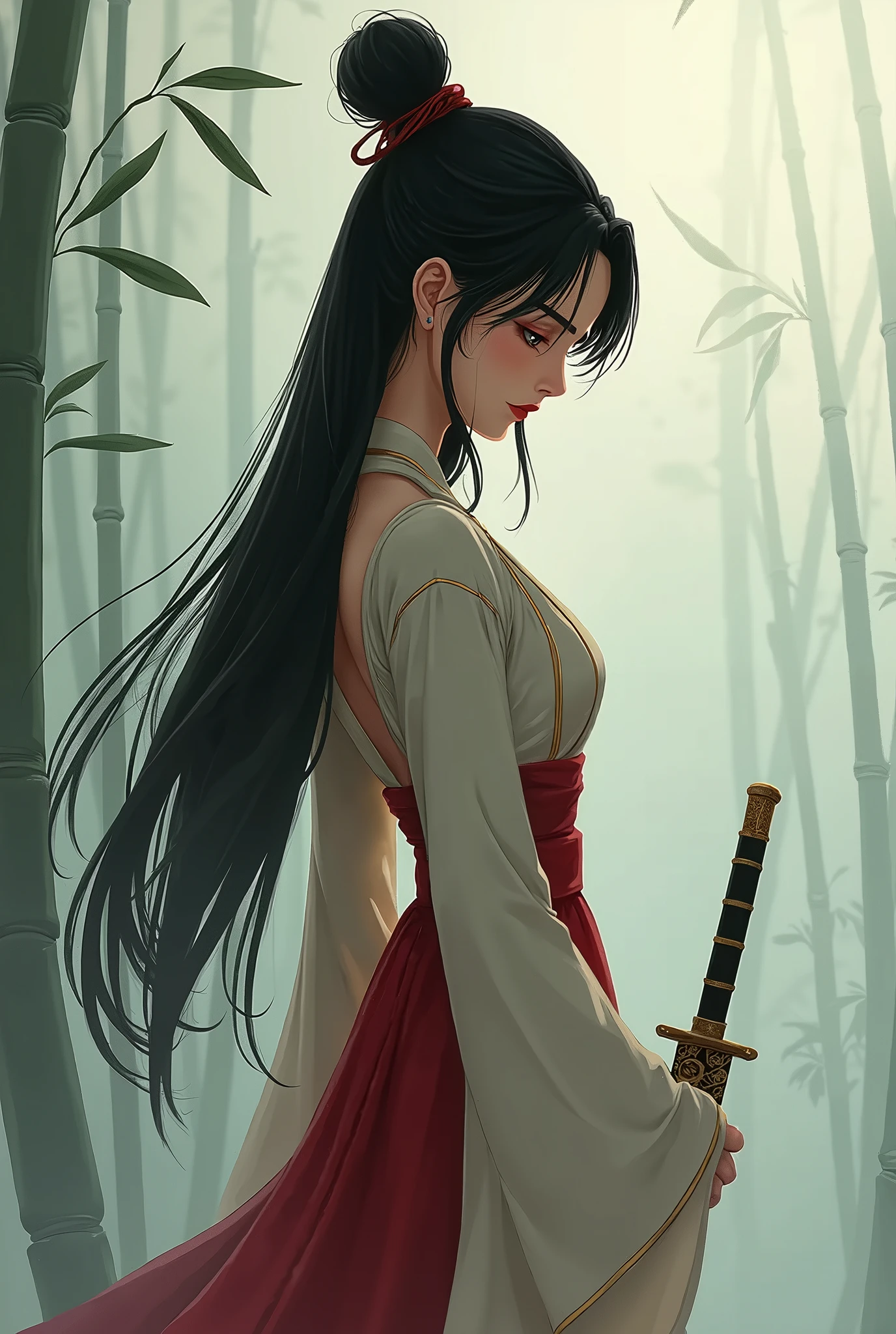 Anime girl with long black hair and a red dress holding a sword - SeaArt AI