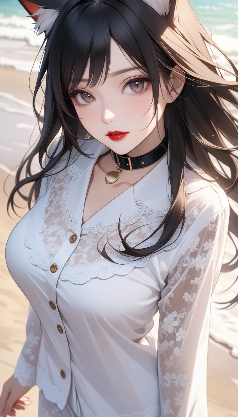 there is a woman with a chain around her neck and a choke, xision wu, wearing intricate black choker, belle delphine, wearing black choker, anna nikonova aka newmilky, wearing choker, asian girl, cruel korean goth girl, choker, cindy avelino, with long hair and piercing eyes, beautiful asian girl, sultry look, a young asian woman