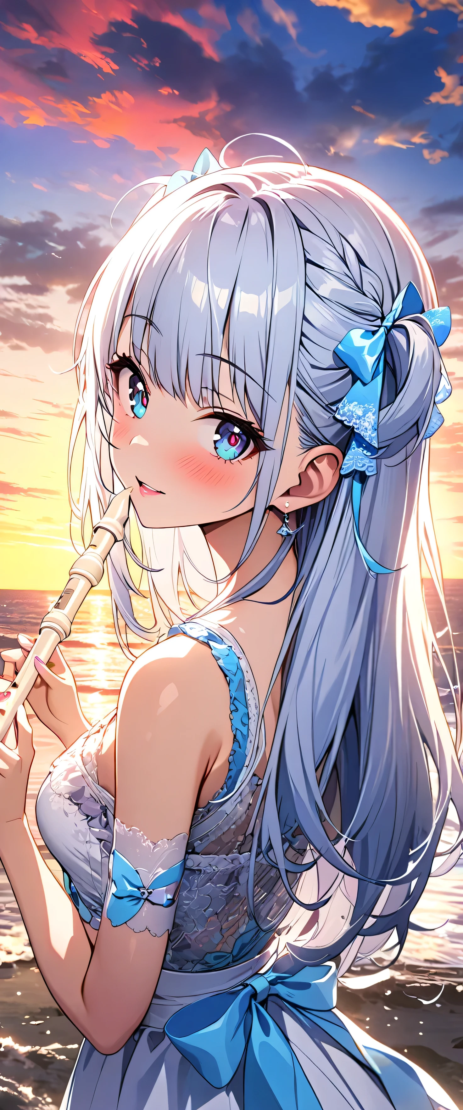 (beautiful girl: 1.3),One girl,masterpiece, Please redeem, Ultra-high resolution,Rich contrast,super high quality,8k,High-definition CG unit wallpaper,Texture,Very absurd,Ultra-high resolution,RAW Photos,Please redeem anime,Depth of written boundary 1.2,(Black Hair,two side up),Very detailed eyes,Glowing Skin,Glitter Effect,Beautiful glossy lips,Schoolyard,sunset,rainbow,recorder,A girl who looks about ,(magnificent panorama view:1.3), (from behind:1.5),(Gazing-into-the-Distance:1.3)