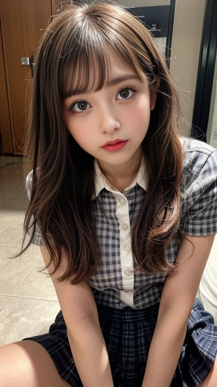 Highest quality, masterpiece, Ultra-high resolution,8K, (Realistic:1.6), (All fours portrait:1.4) RAW Photos, Soft looking breasts,((Sakura-colored miniskirt fashion)),((Up Facial)),One girl,(Full of smiles, Showing teeth)), 26 talents,((Long hair side parting hairstyle)),((Looking up at the audience)),Face Focus:1.4,((Shooting from above with a fisheye lens:1.4)),